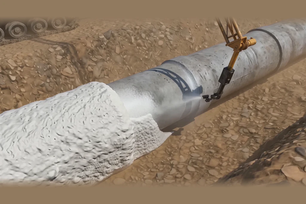 Dense layer of white polyurethane foam building up around a pipe as a spray head passes over it