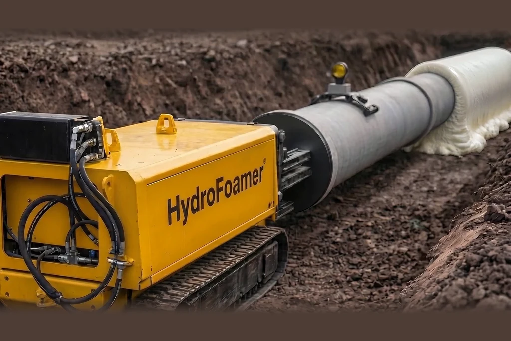 Yellow track-based hydraulic unit with hoses pushing a large pipe along the trench, close-up