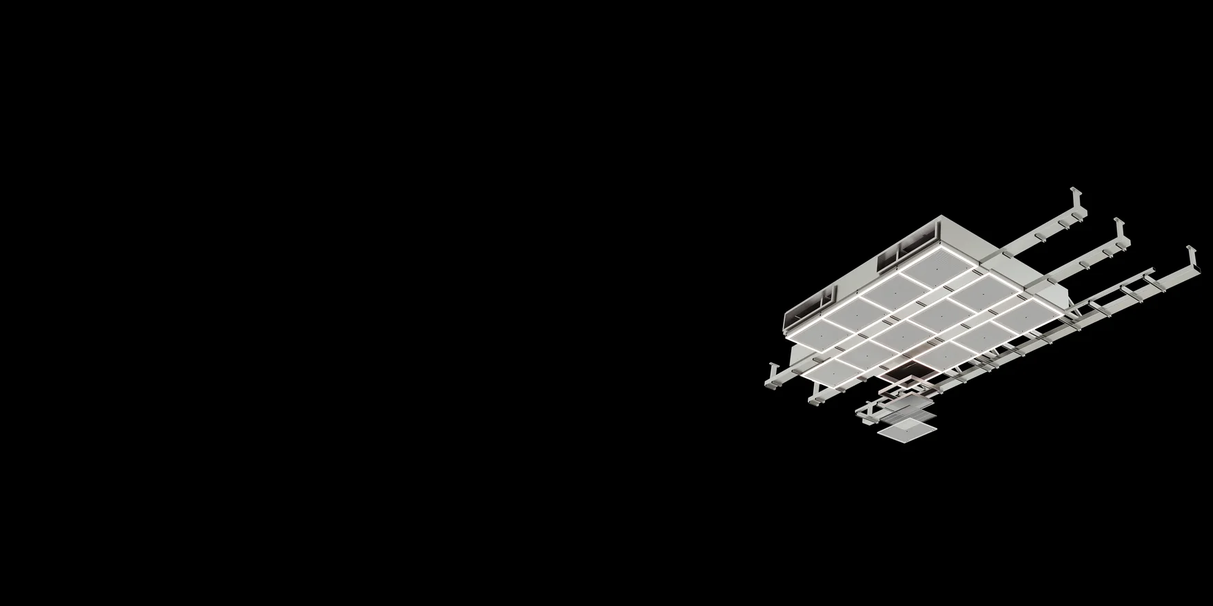 Product render of two operating room air ceiling modules on suspension rails, with one diffuser panel lowered and its layers separated