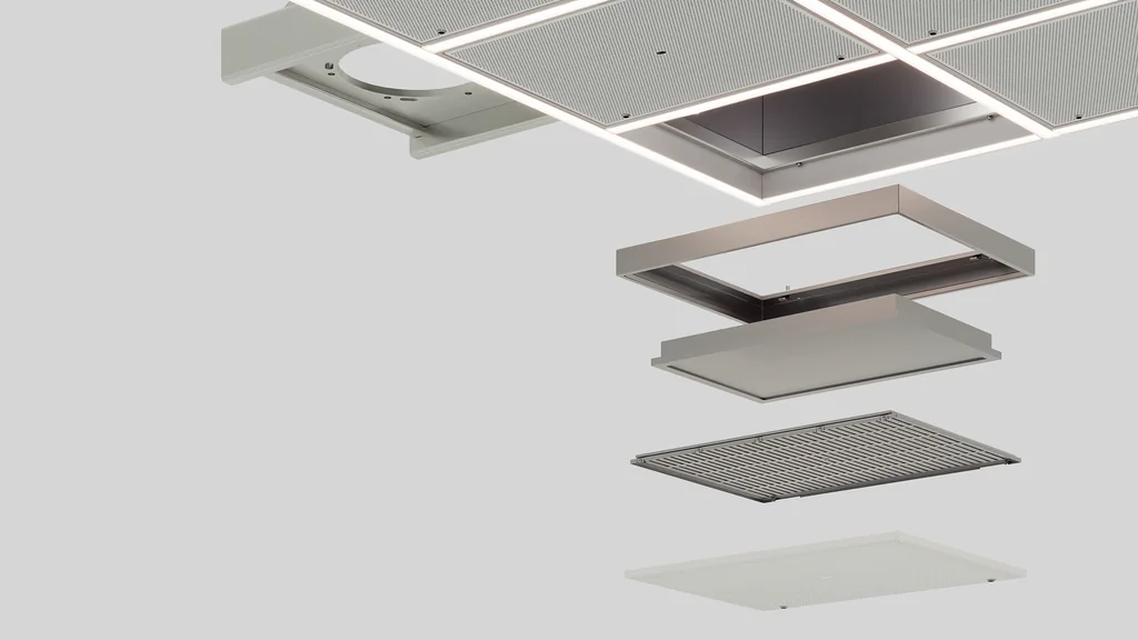 Close-up render of diffuser panel, filter and seal layers of an operating room air module