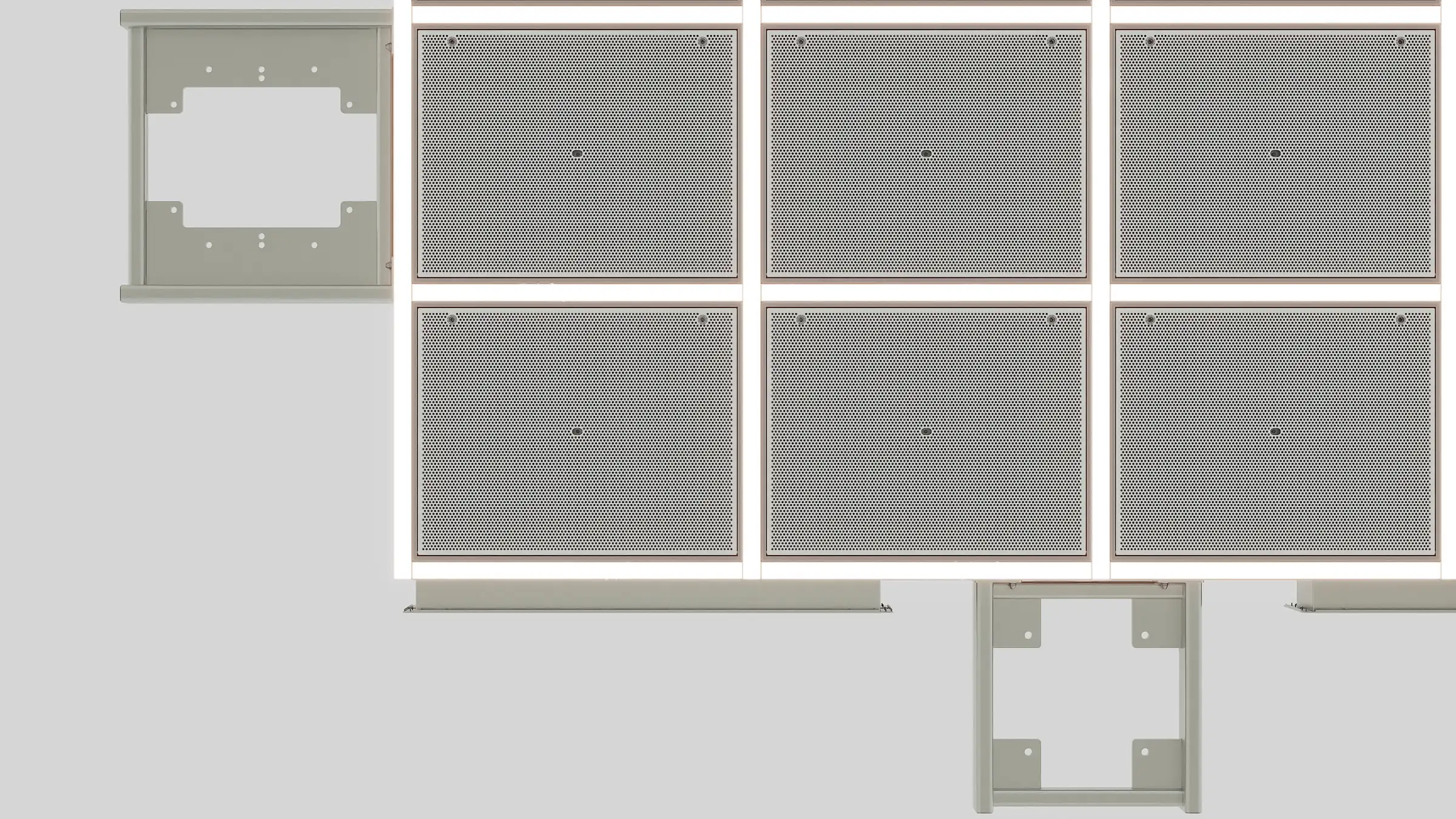 Render of air ceiling diffuser panels seen from below with a side mounting plate