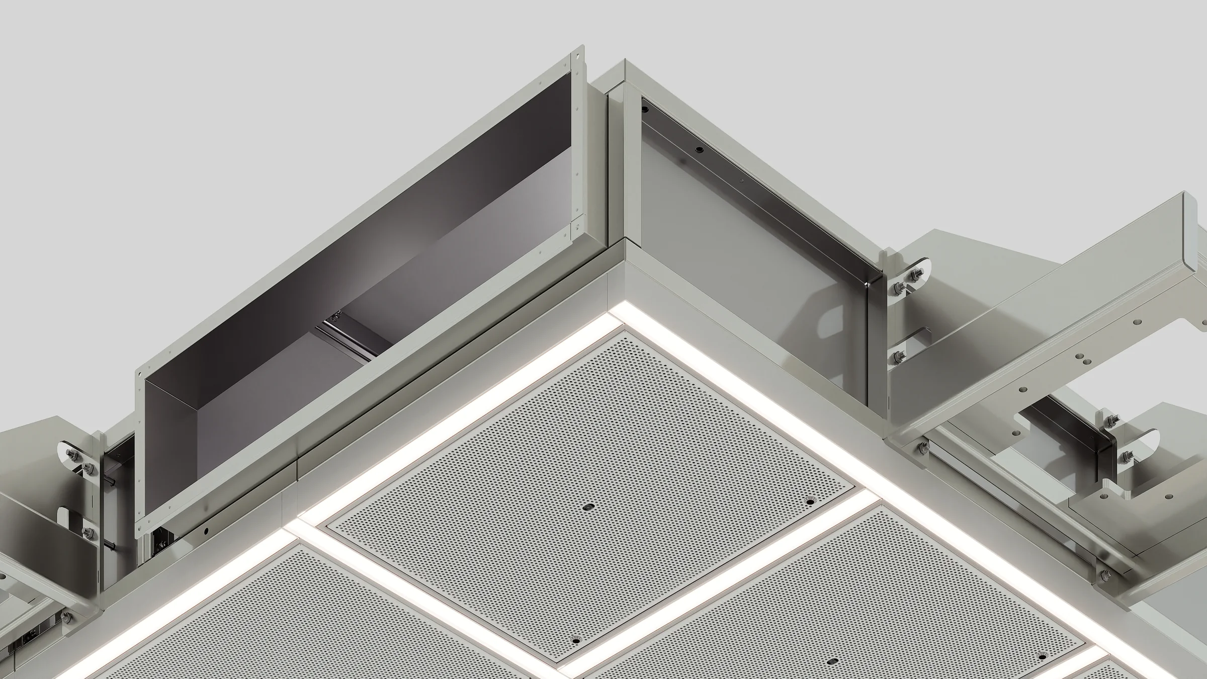 Close-up render of the corner of an air ceiling module with an open duct connection and a lit panel frame