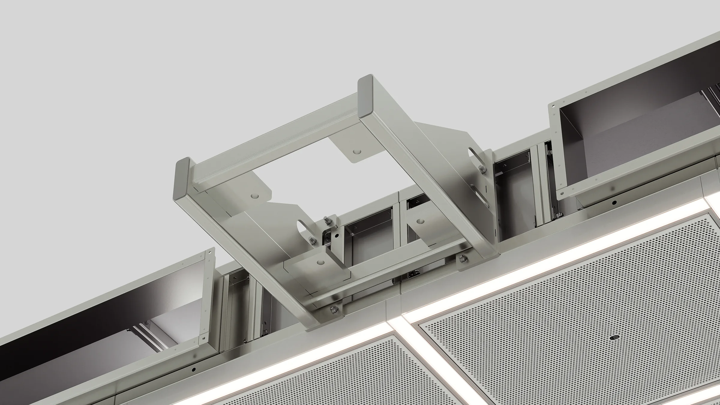 Close-up render of a mounting bracket on top of an air ceiling module