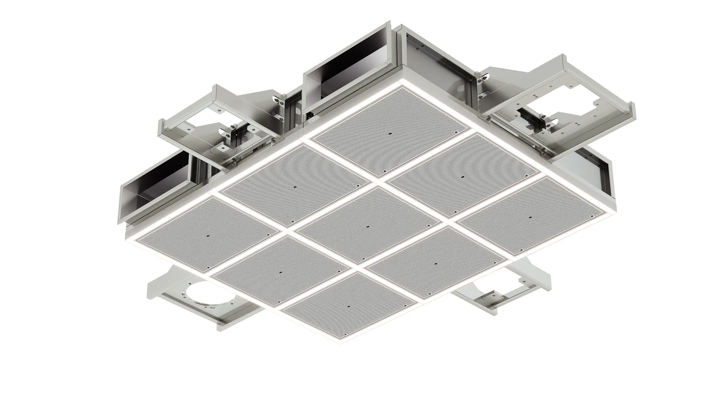 Isometric product render of an assembled nine-panel operating room air ceiling module on a white background
