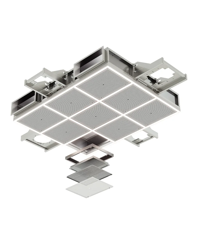 Exploded product render of a nine-panel operating room air ceiling module with one diffuser panel and its layers lowered