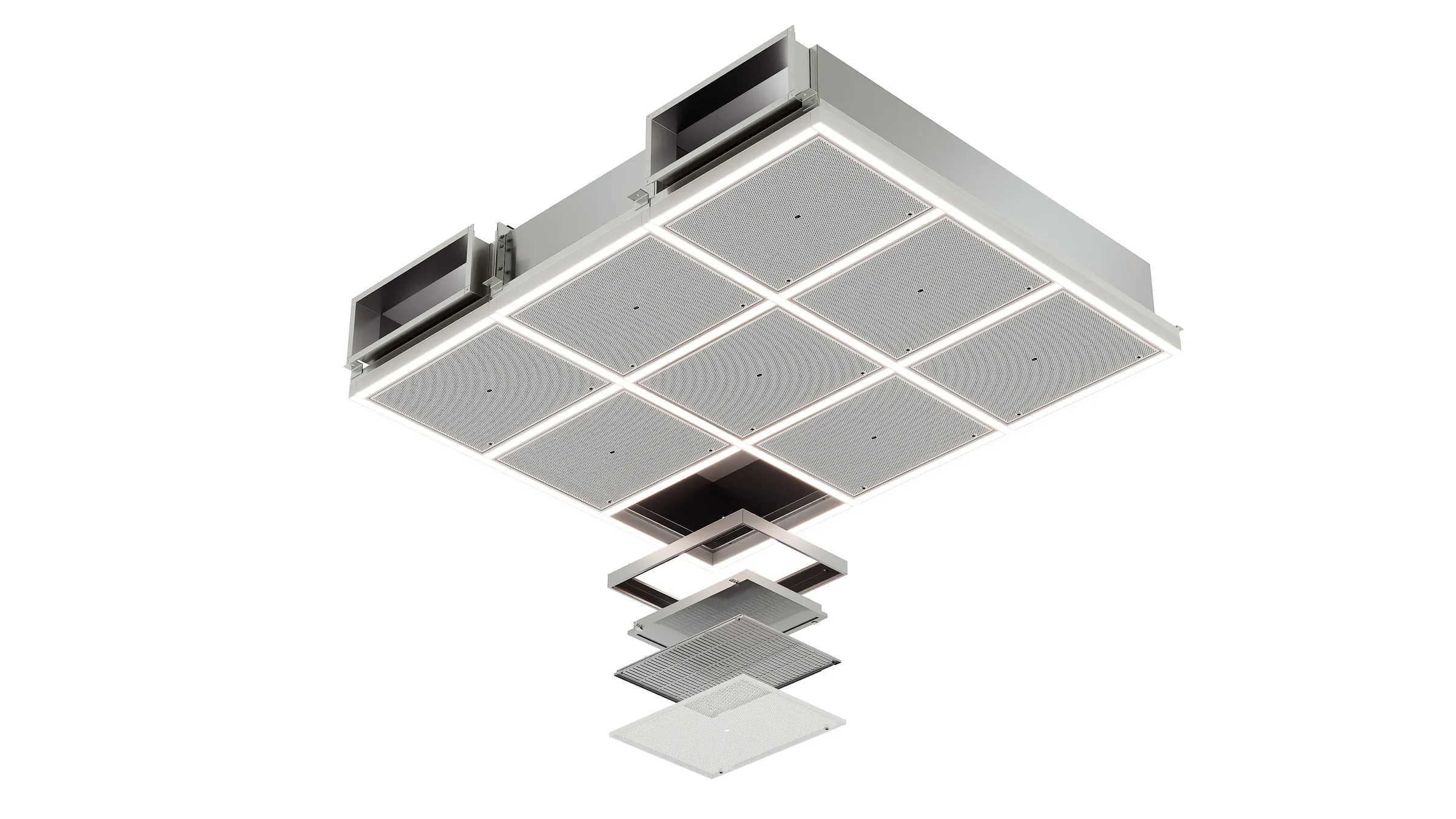 Exploded isometric render of a nine-panel air ceiling module with duct connections