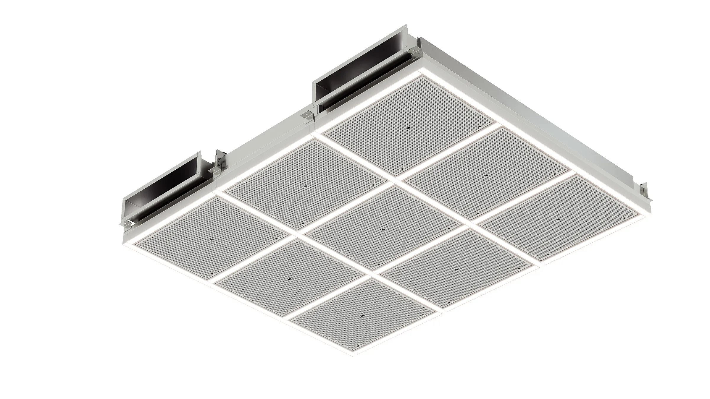 Isometric product render of a nine-panel air ceiling module version with duct connections