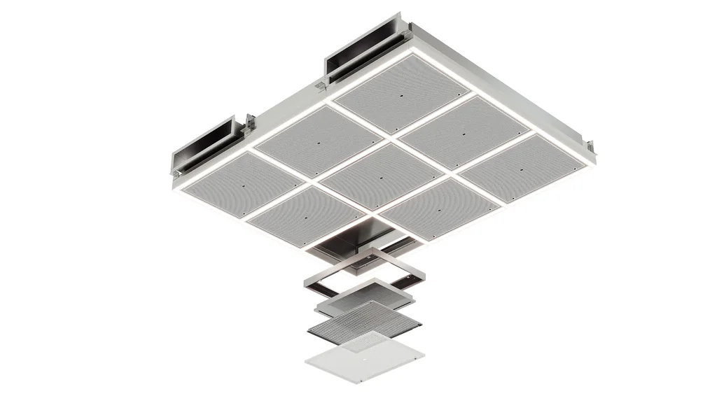 Exploded view render of a nine-panel operating room air module on a white background
