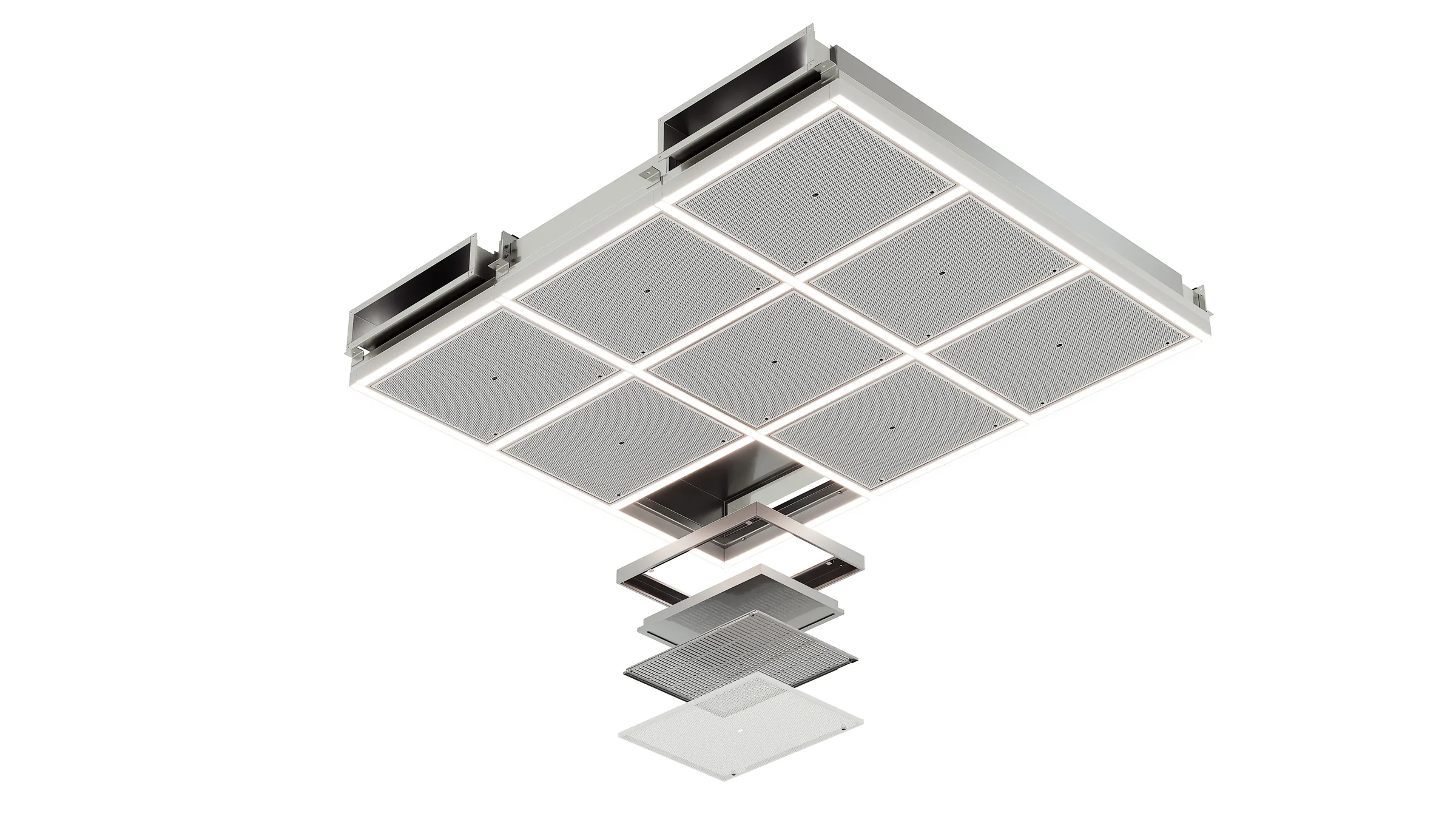 Exploded isometric render of a nine-panel air ceiling module version