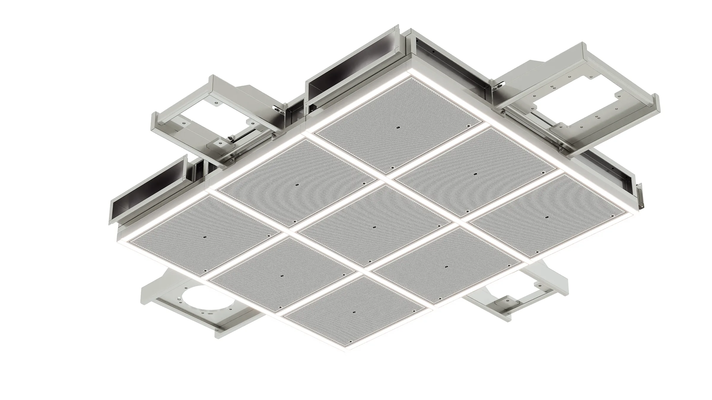 Isometric product render of an assembled nine-panel air ceiling module with mounting brackets