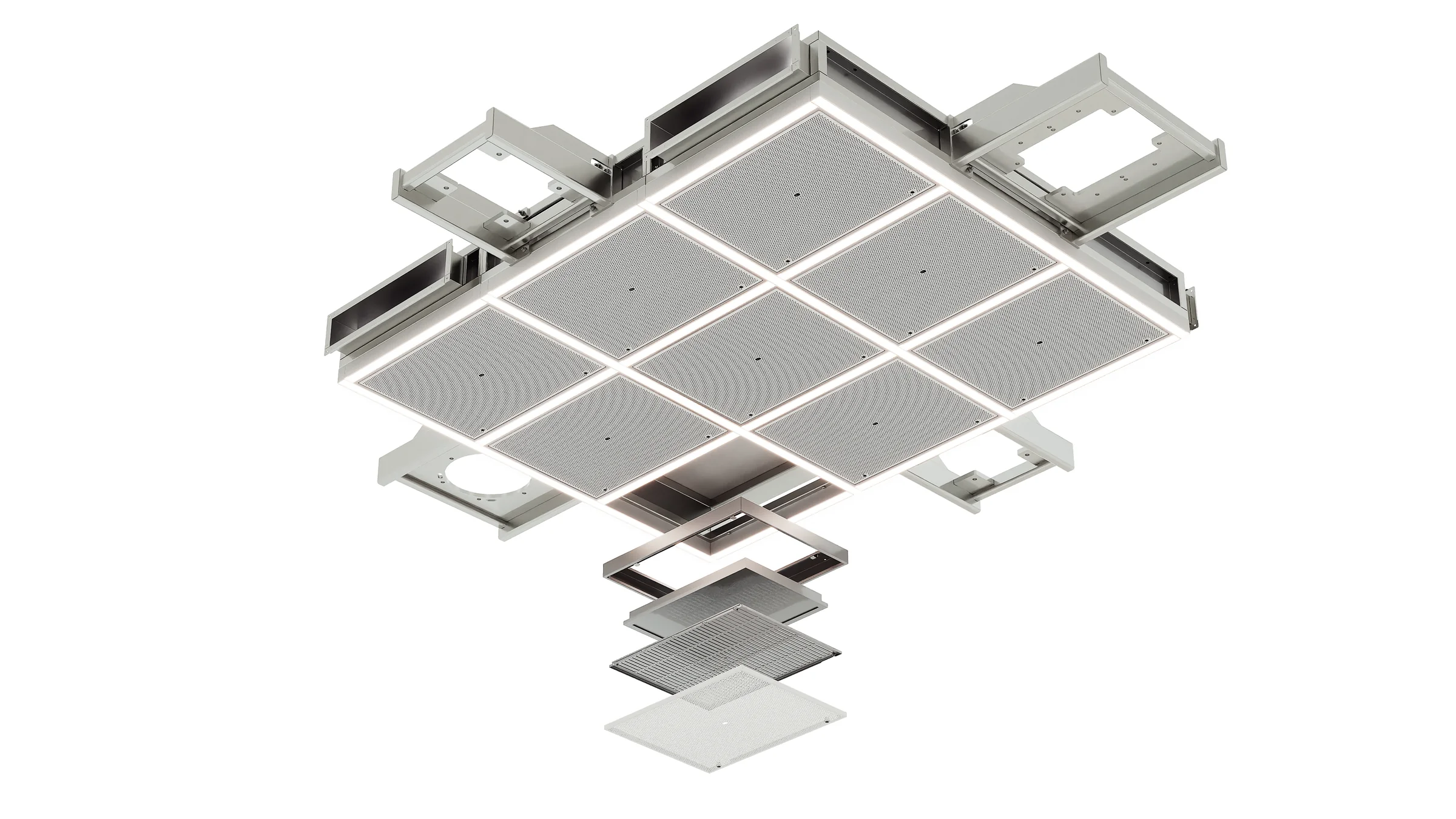 Exploded isometric render of a nine-panel air ceiling module with mounting brackets