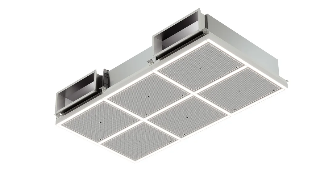 Render of a six-panel operating room air module on a white background