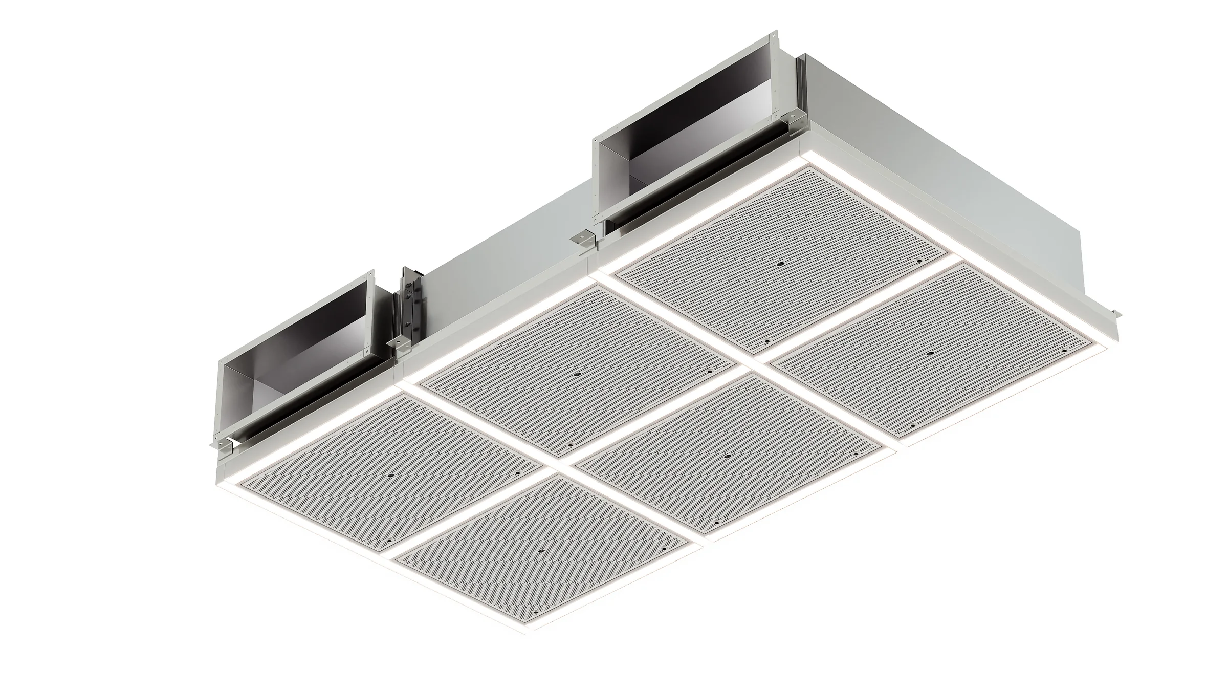 Isometric product render of an assembled six-panel air ceiling module on a white background
