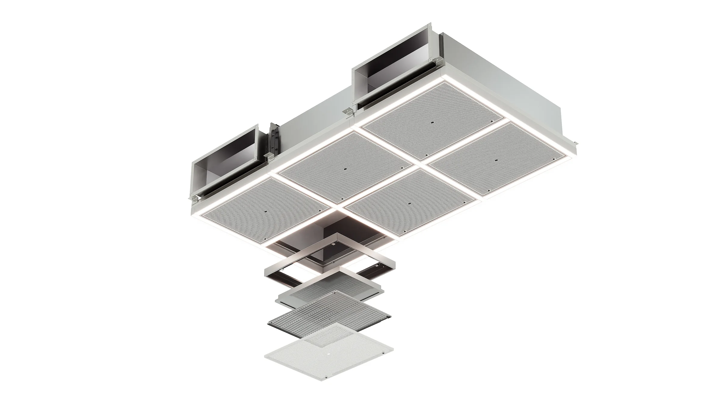 Exploded isometric render of a six-panel operating room air ceiling module