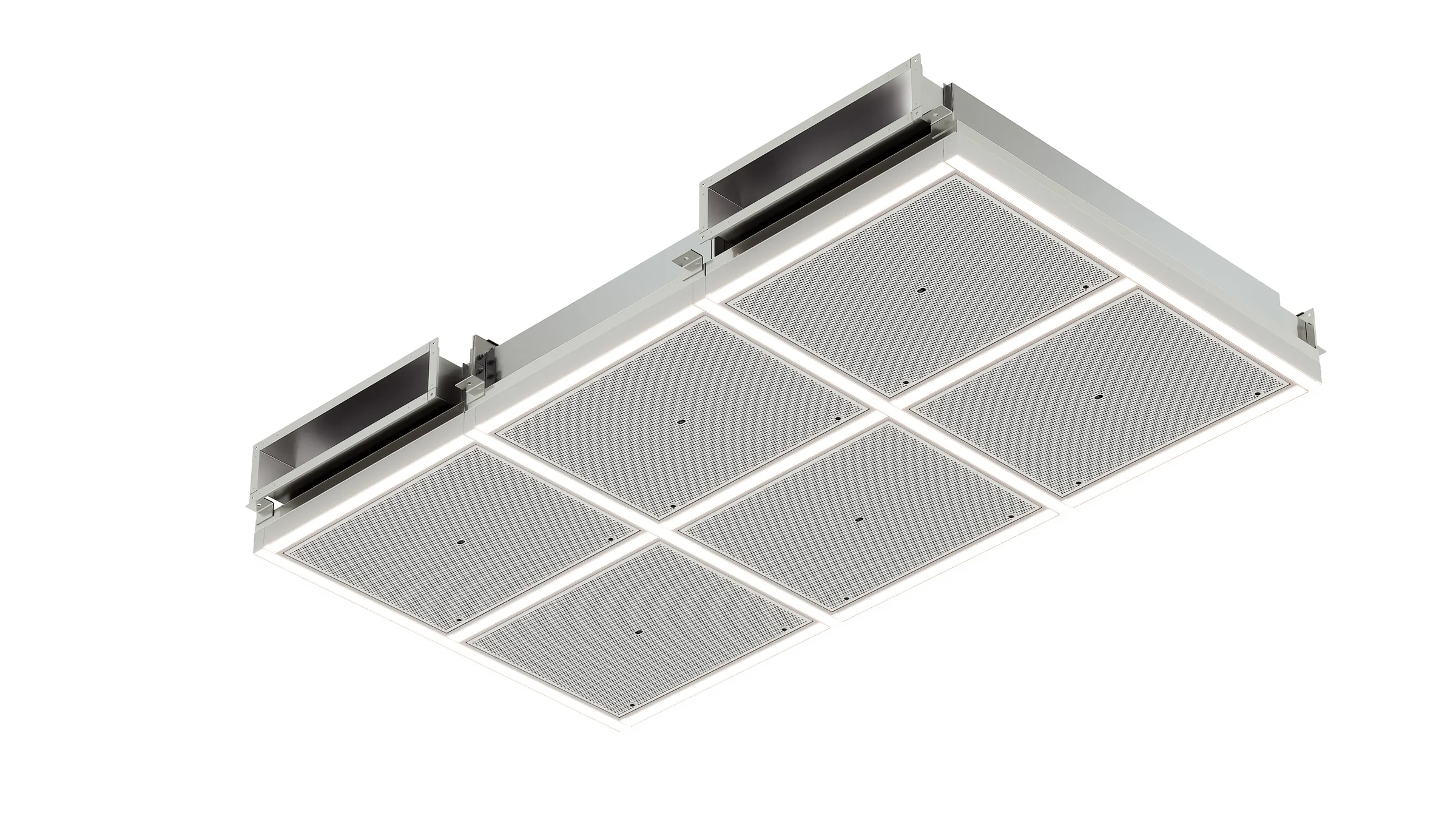 Isometric product render of a six-panel air ceiling module version with duct connections
