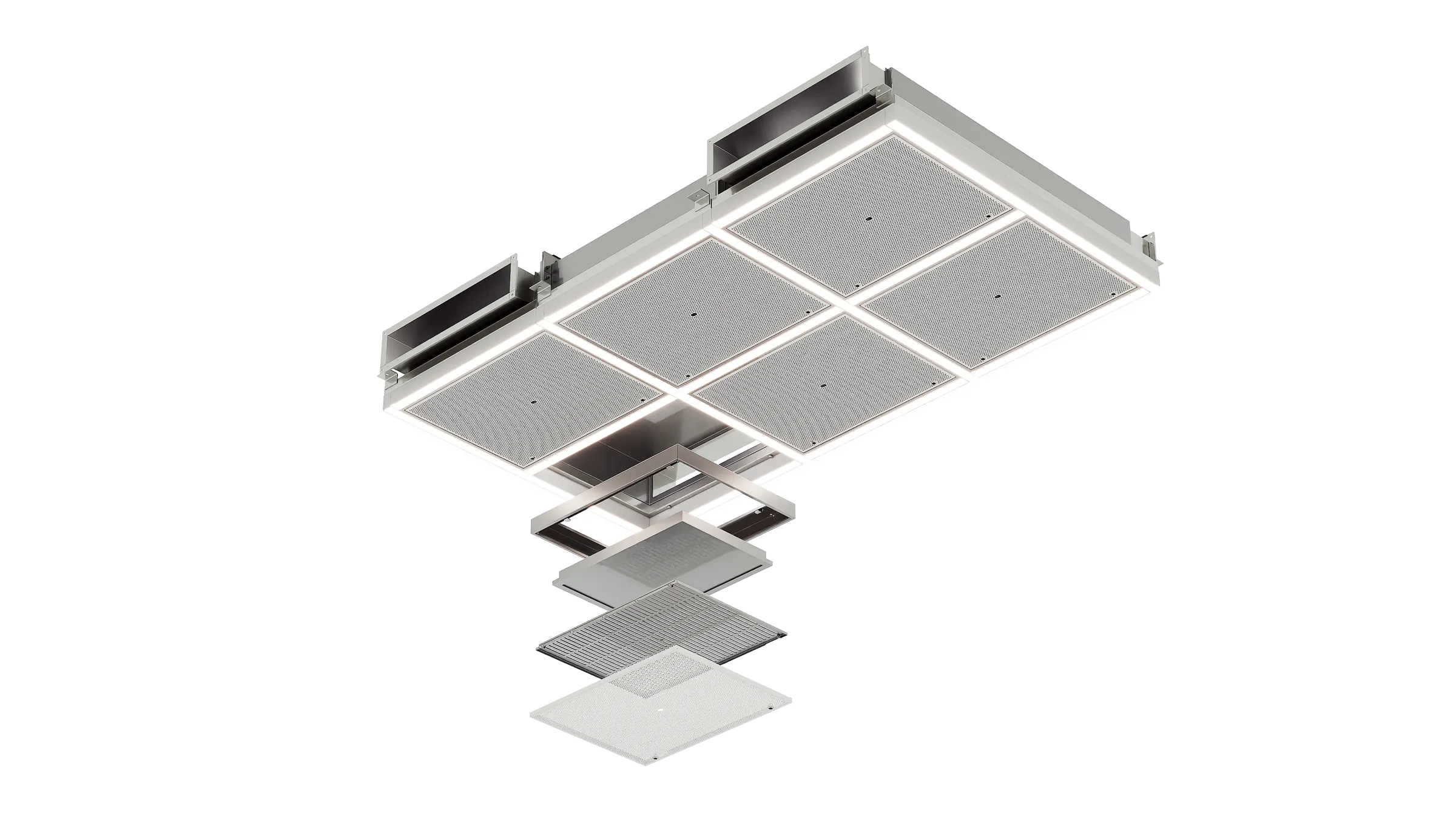 Exploded isometric render of a six-panel air ceiling module version