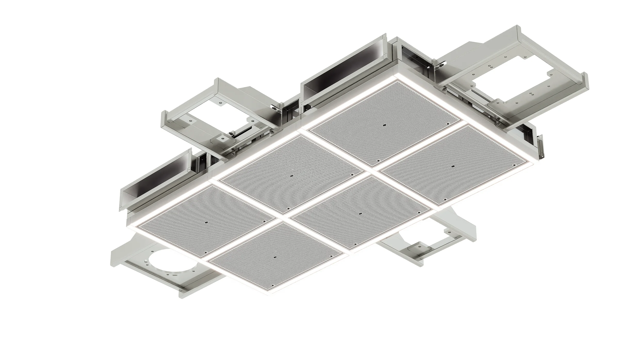 Isometric product render of an assembled six-panel air ceiling module with mounting brackets