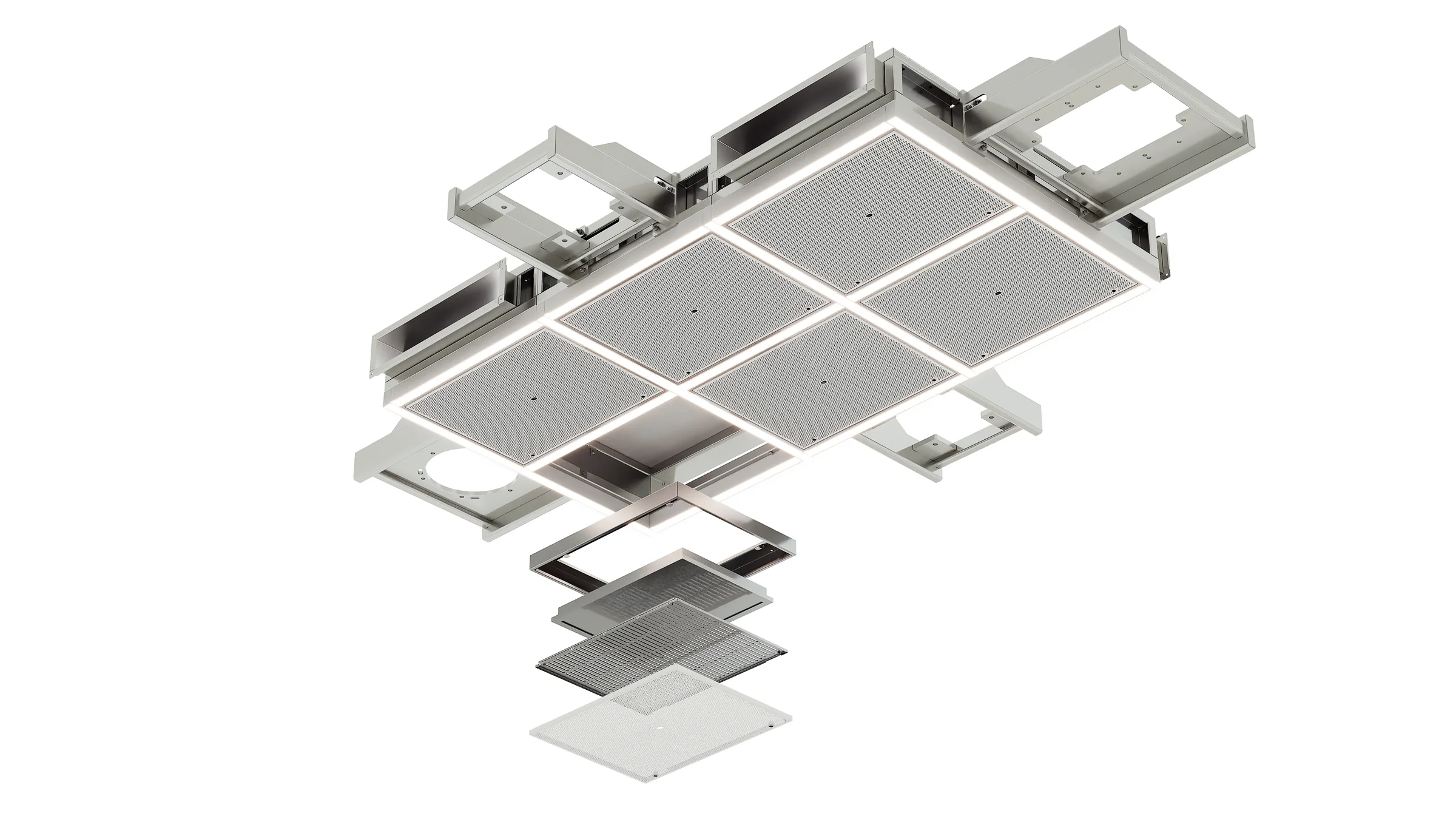 Exploded isometric render of a six-panel air ceiling module with mounting brackets