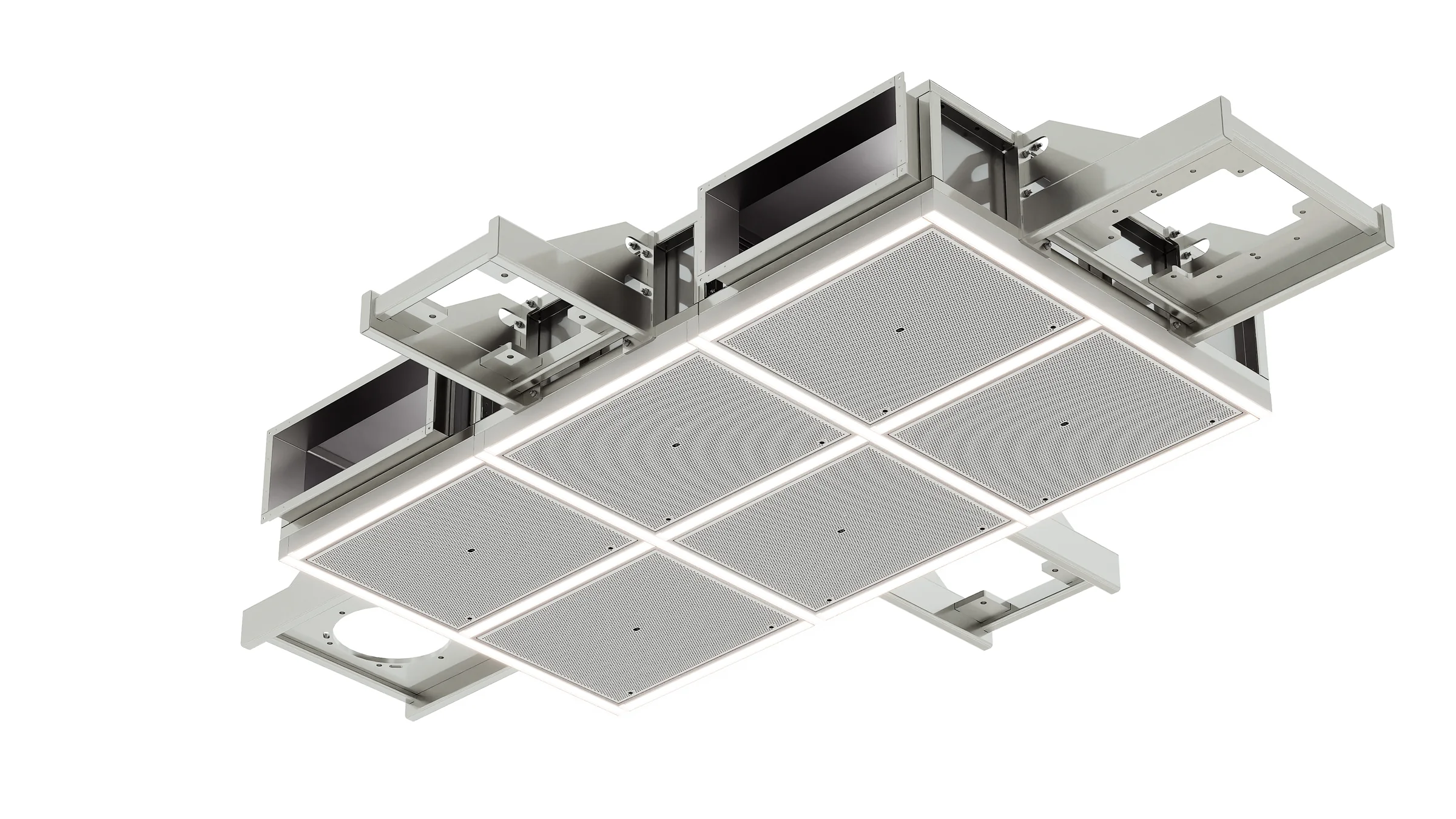 Isometric product render of an assembled six-panel air ceiling module version