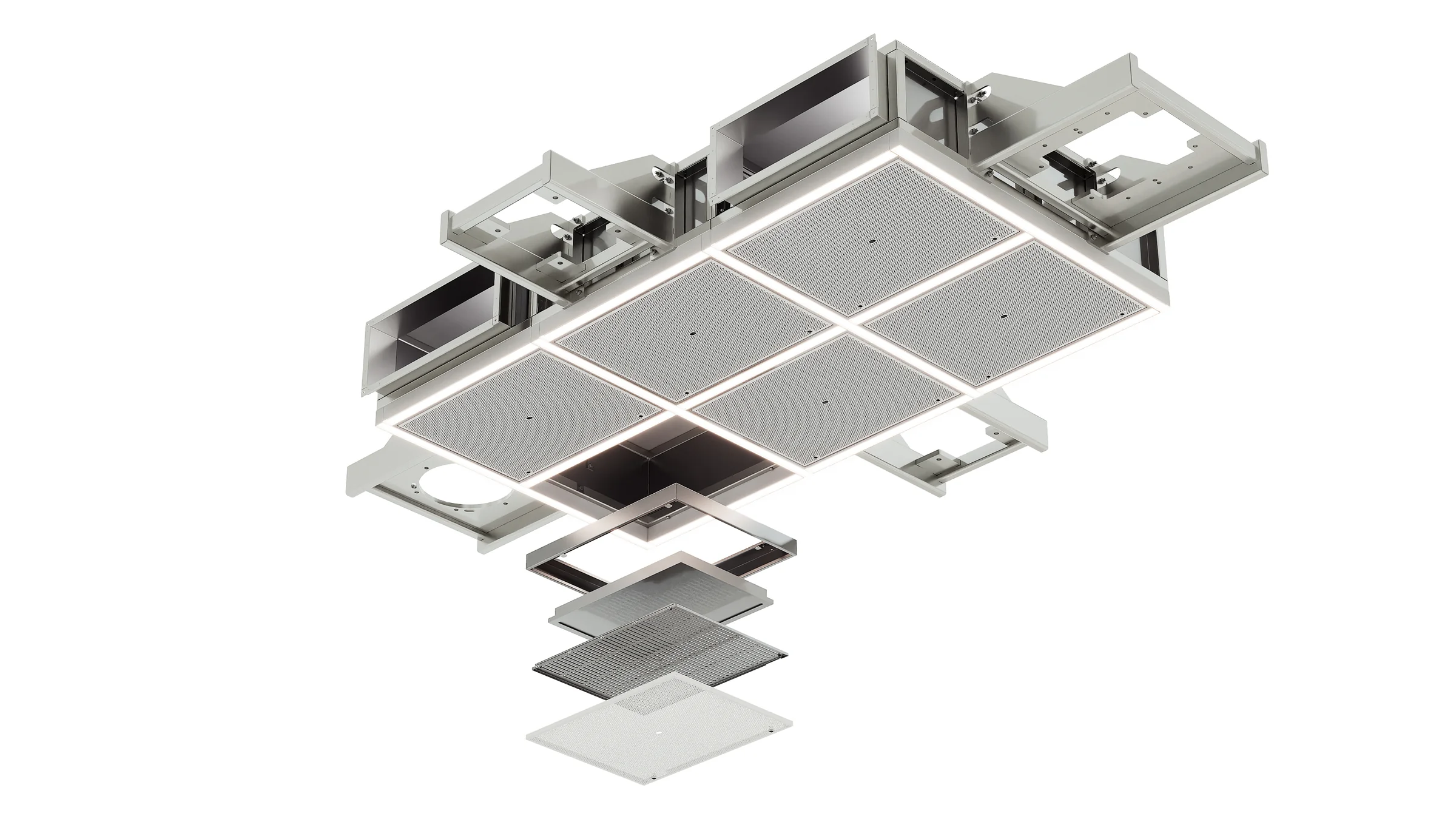 Exploded product render of a six-panel air ceiling module with one panel and its layers lowered