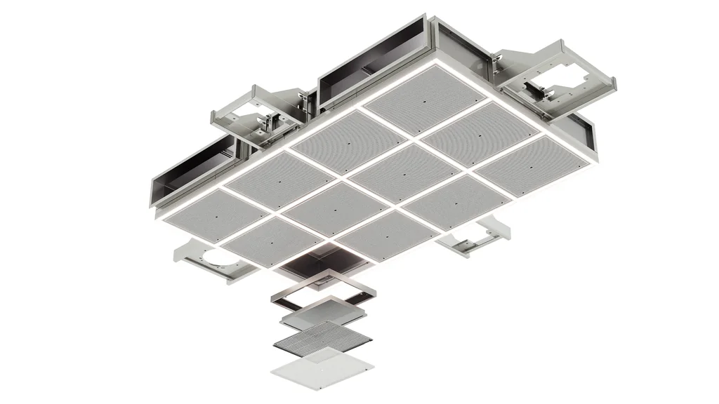 Exploded view render of a twelve-panel operating room air module with its filter layers separated