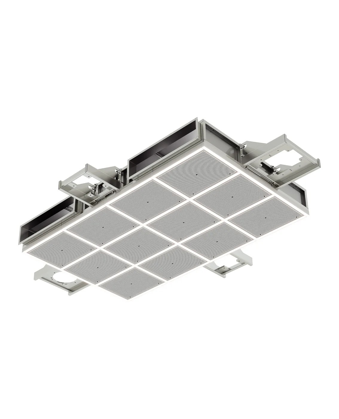 Isometric product render of a twelve-panel operating room air ceiling module with mounting brackets