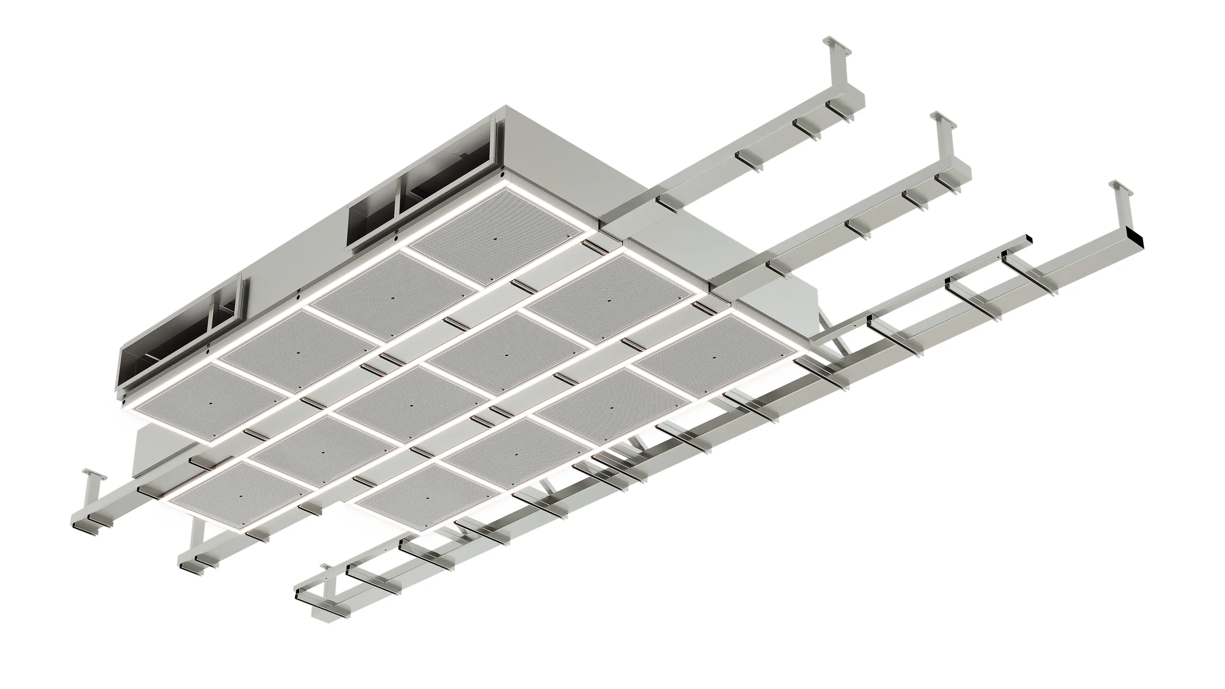 Product render of two air ceiling modules mounted side by side on ceiling suspension rails