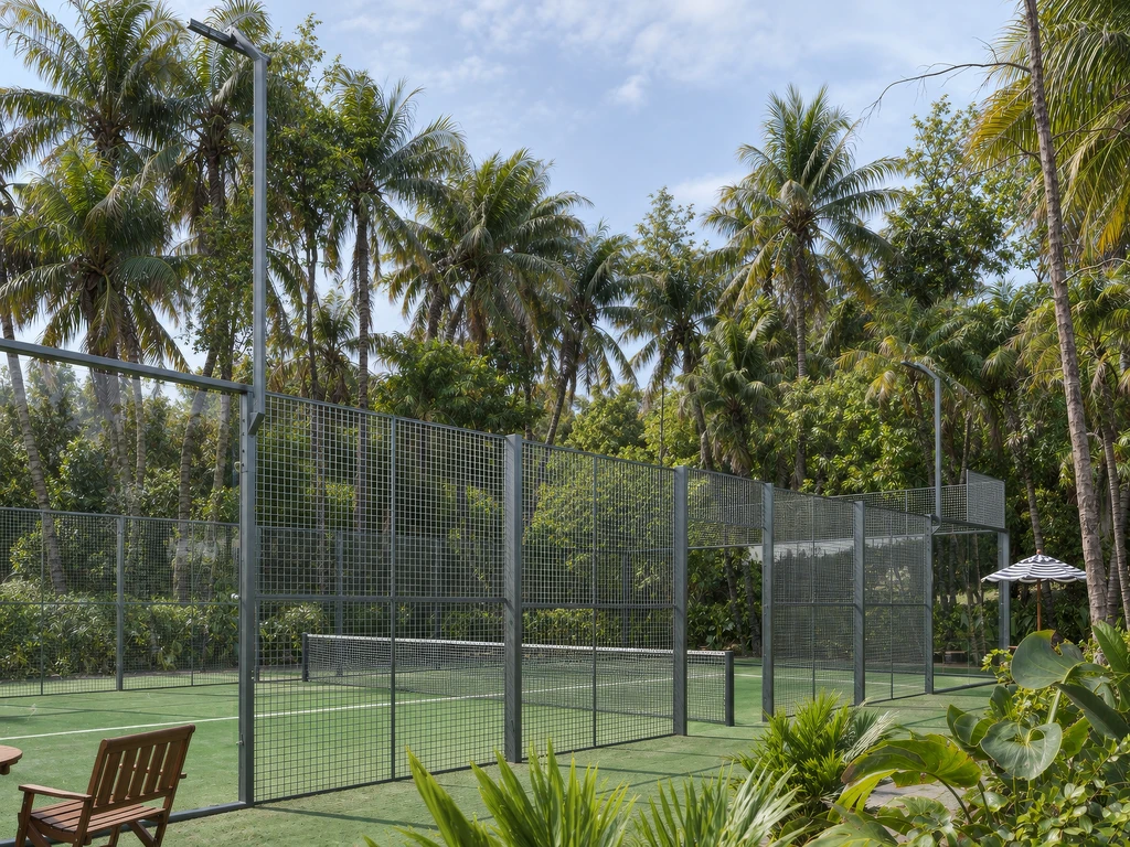 Render of a private padel court from courtside, with glass and mesh walls, a bench, umbrellas and tall palms