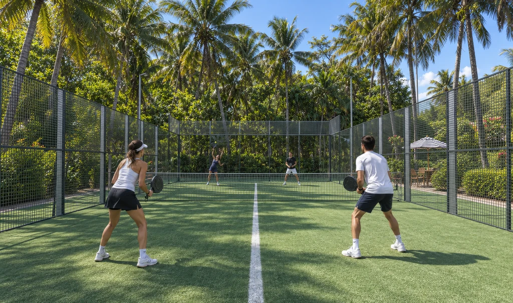 Render of two players in a padel doubles rally on a green court among palm trees