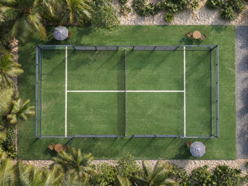Top-down render of a padel court site with umbrellas, seating and paths in a tropical garden