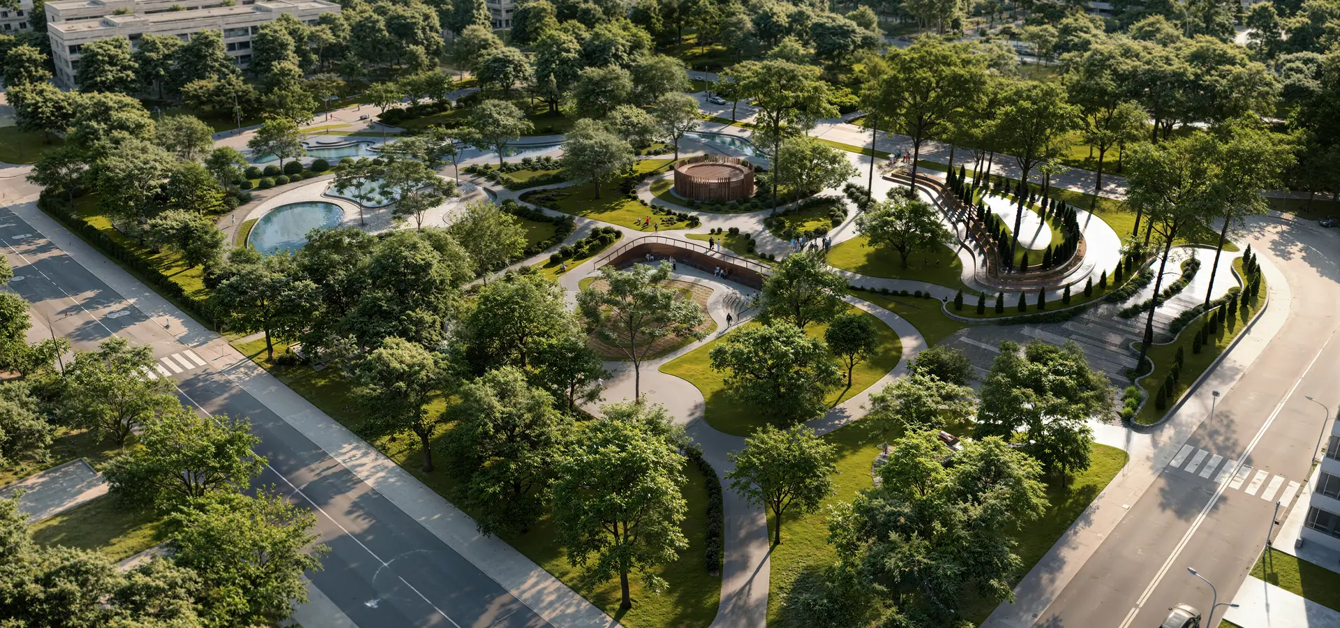Drone aerial render of a new city park with water channels, lawns and paths between residential towers