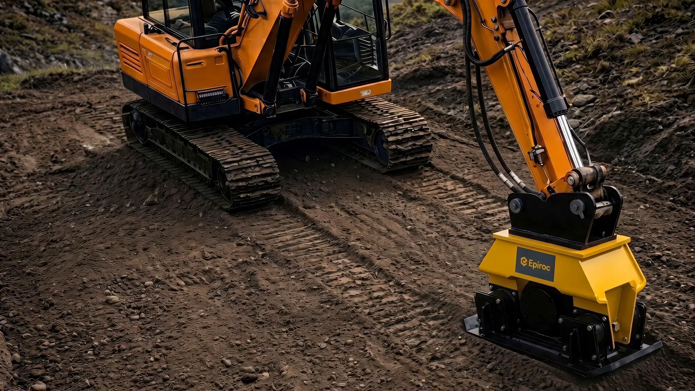 Pipeline Construction Animation for a Robotic Pipe Installation System Excavator with a plate compactor backfilling and compacting native soil over the finished pipeline