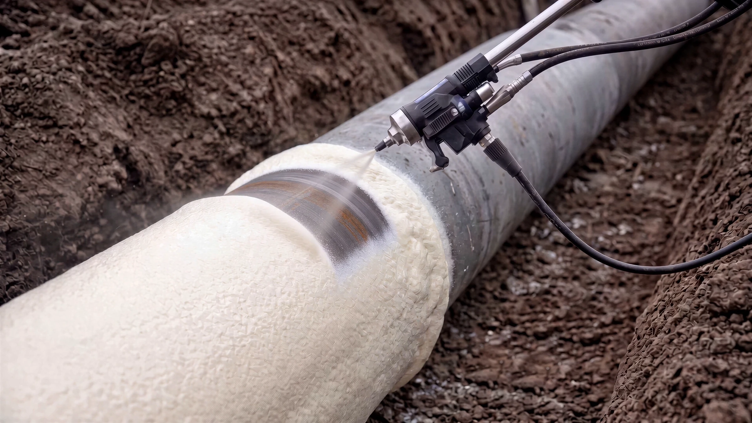 Pipeline Construction Animation for a Robotic Pipe Installation System Spray head moving along the pipe, leaving a dense, even layer of foam behind it