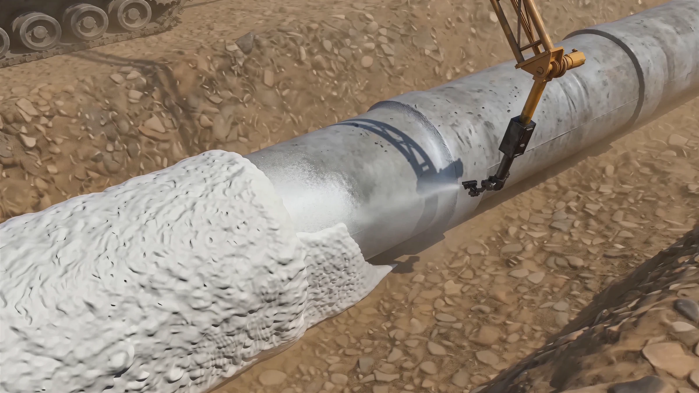 Pipeline Construction Animation for a Robotic Pipe Installation System Close-up of foam building up around the pipe as the spray arm passes over it