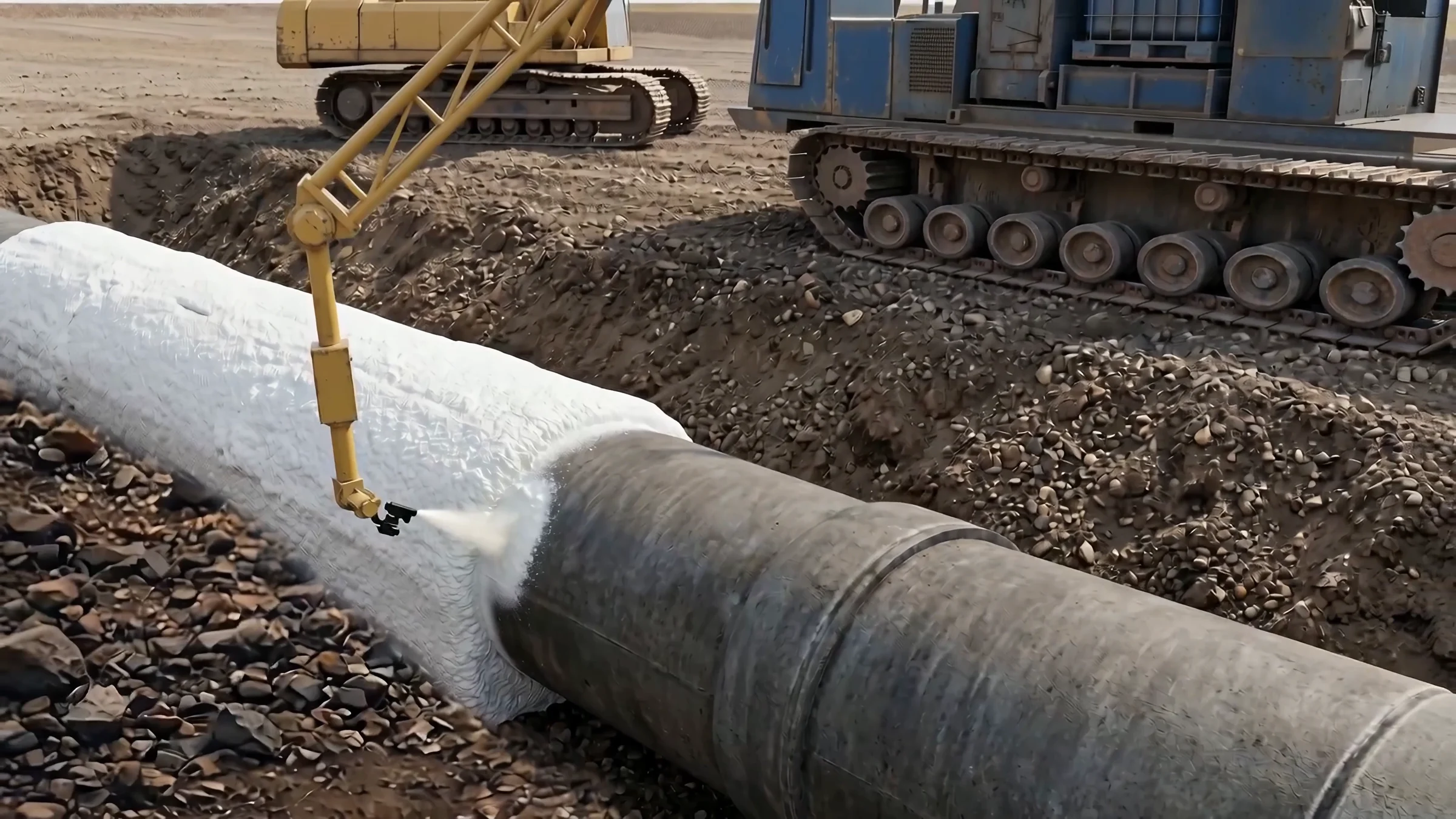 Pipeline Construction Animation for a Robotic Pipe Installation System Spray arm on a tracked machine coating a pipe in the trench with white polyurethane foam