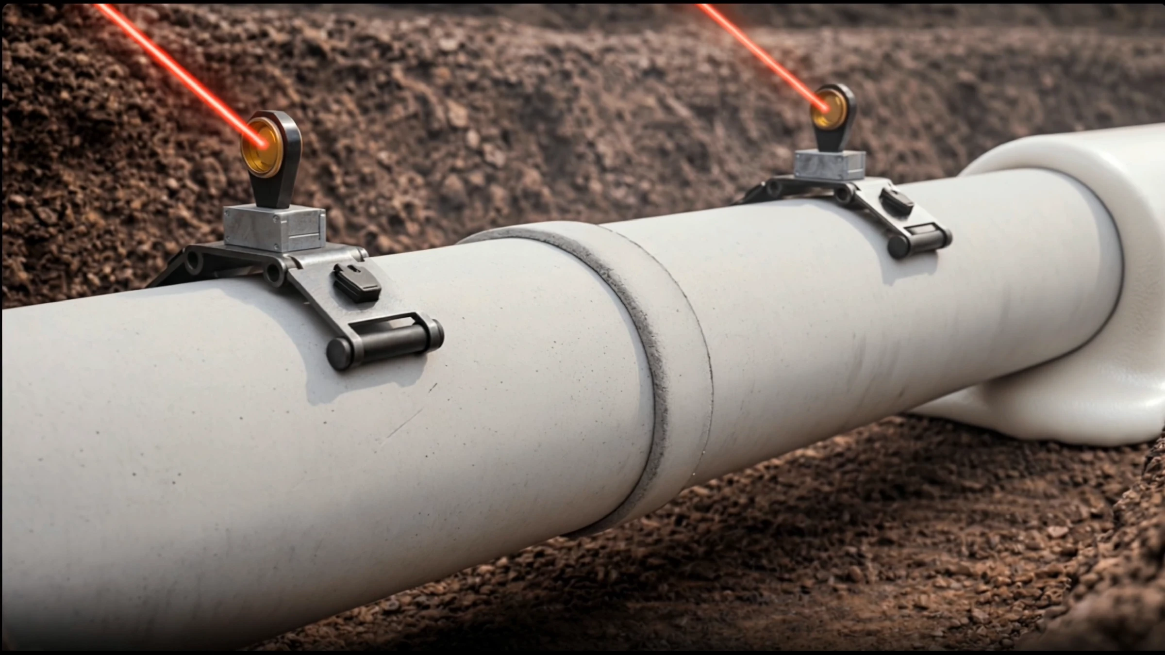 Pipeline Construction Animation for a Robotic Pipe Installation System Survey laser beams hitting sensor brackets clamped on the pipe to track its position in the trench