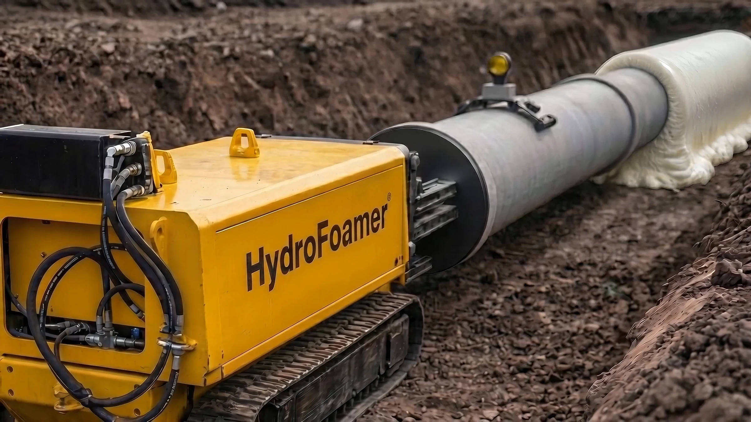 Pipeline Construction Animation for a Robotic Pipe Installation System Close-up of the yellow hydraulic jacking unit and its hoses behind the pipe