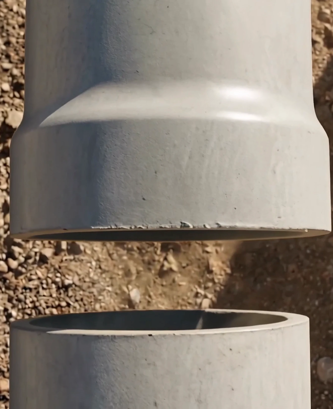 Pipeline Construction Animation for a Robotic Pipe Installation System Spigot end of a pipe lowered into the socket of the next pipe inside the trench, close-up 3D animation still