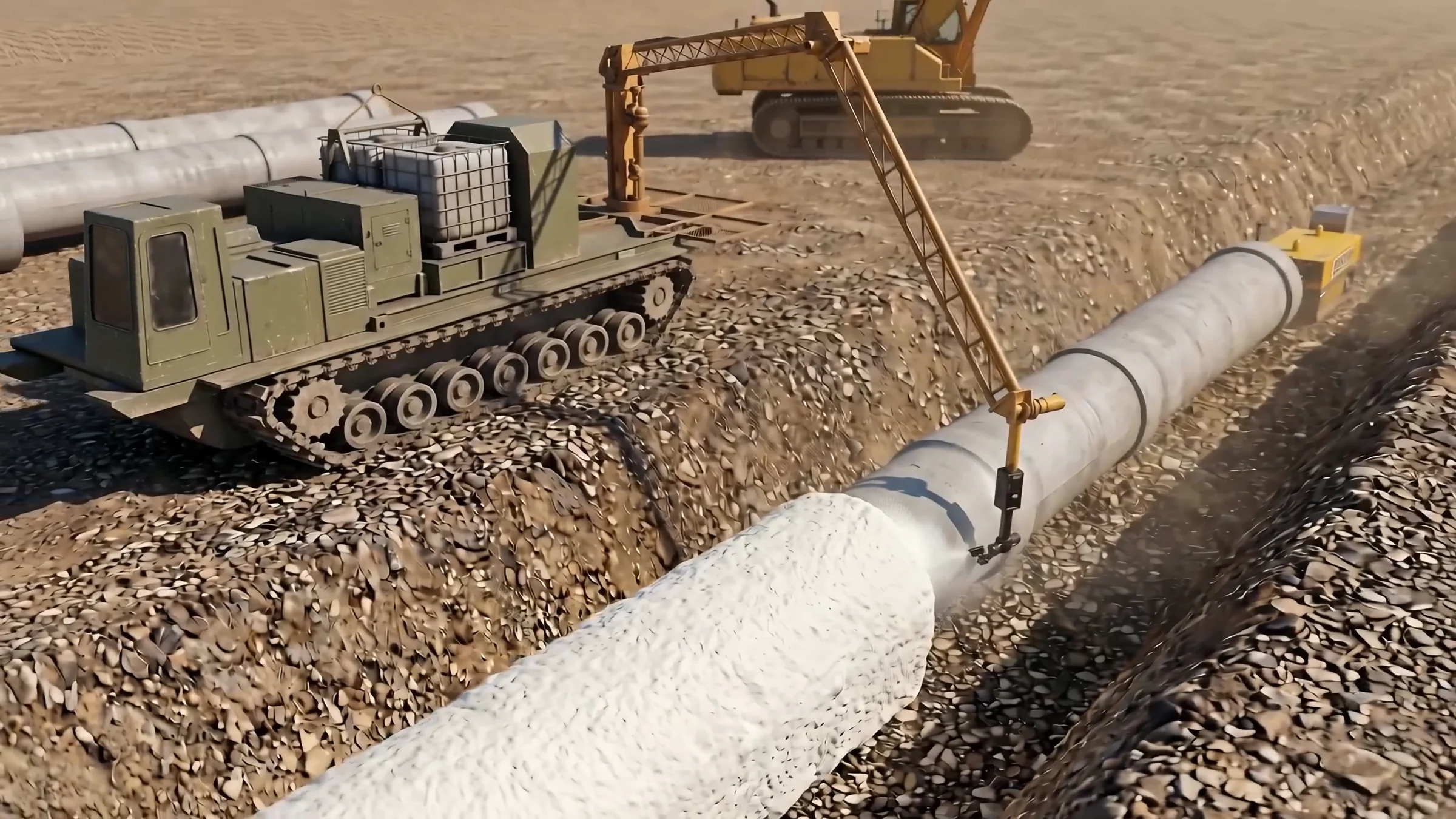 Pipeline Construction Animation for a Robotic Pipe Installation System Tracked sprayer vehicle with a foam spray arm working along a pipe in a gravel trench