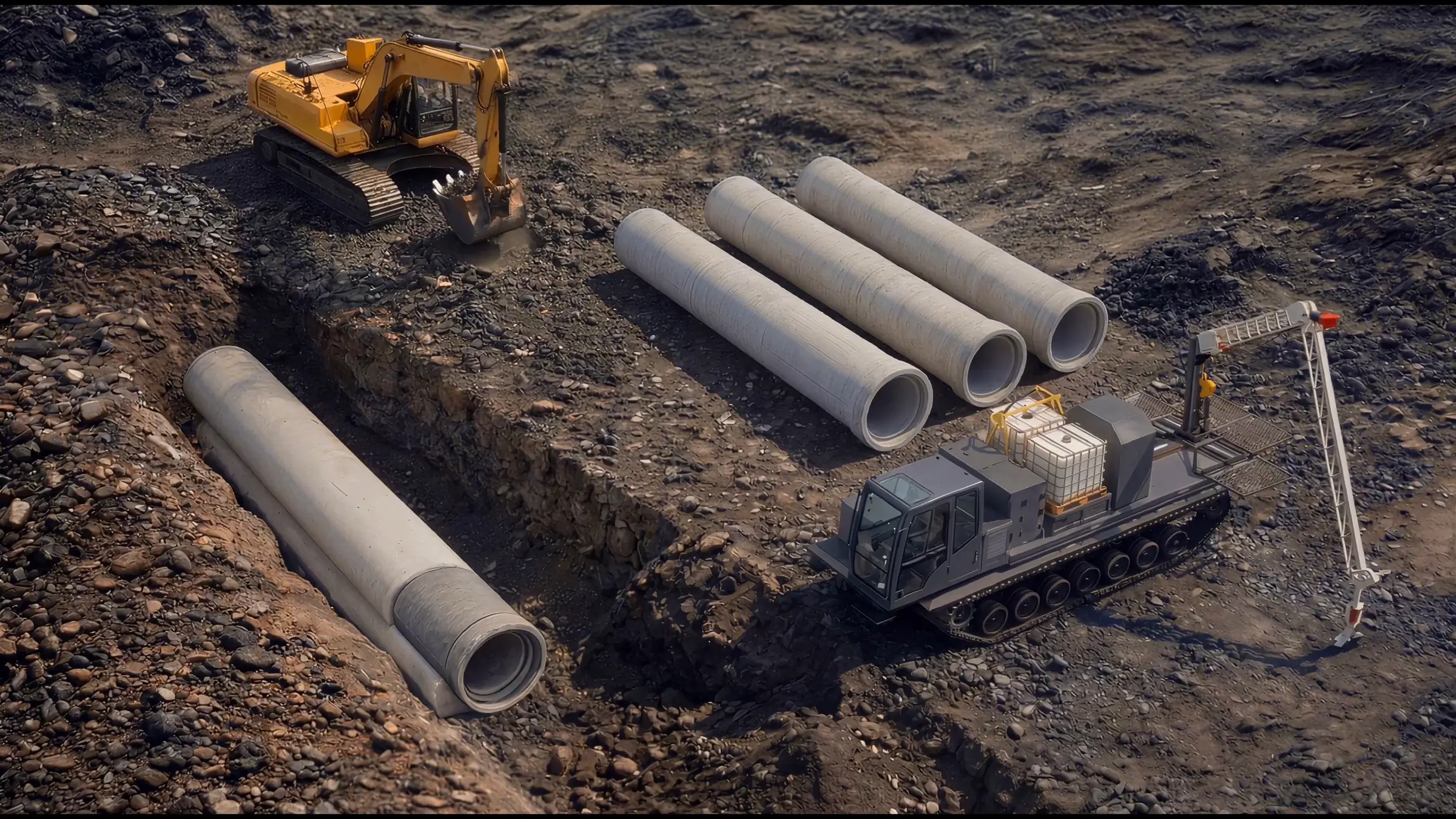Pipeline Construction Animation for a Robotic Pipe Installation System Aerial view of the trench, the pipes laid out beside it and the vacuum lifter ready to pick them up