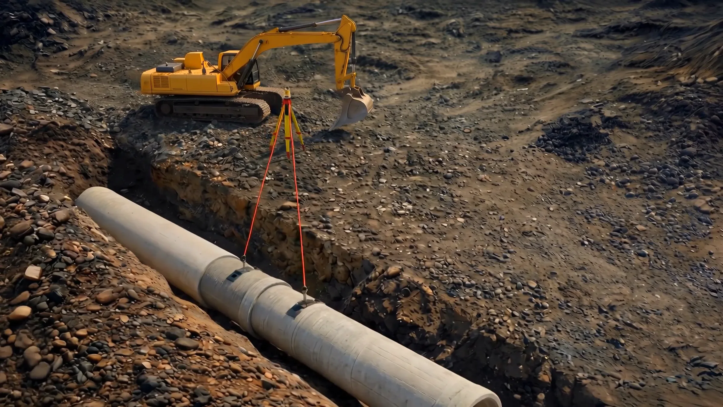 Pipeline Construction Animation for a Robotic Pipe Installation System Overhead view of a pipe in the trench with survey lines and an excavator working further along