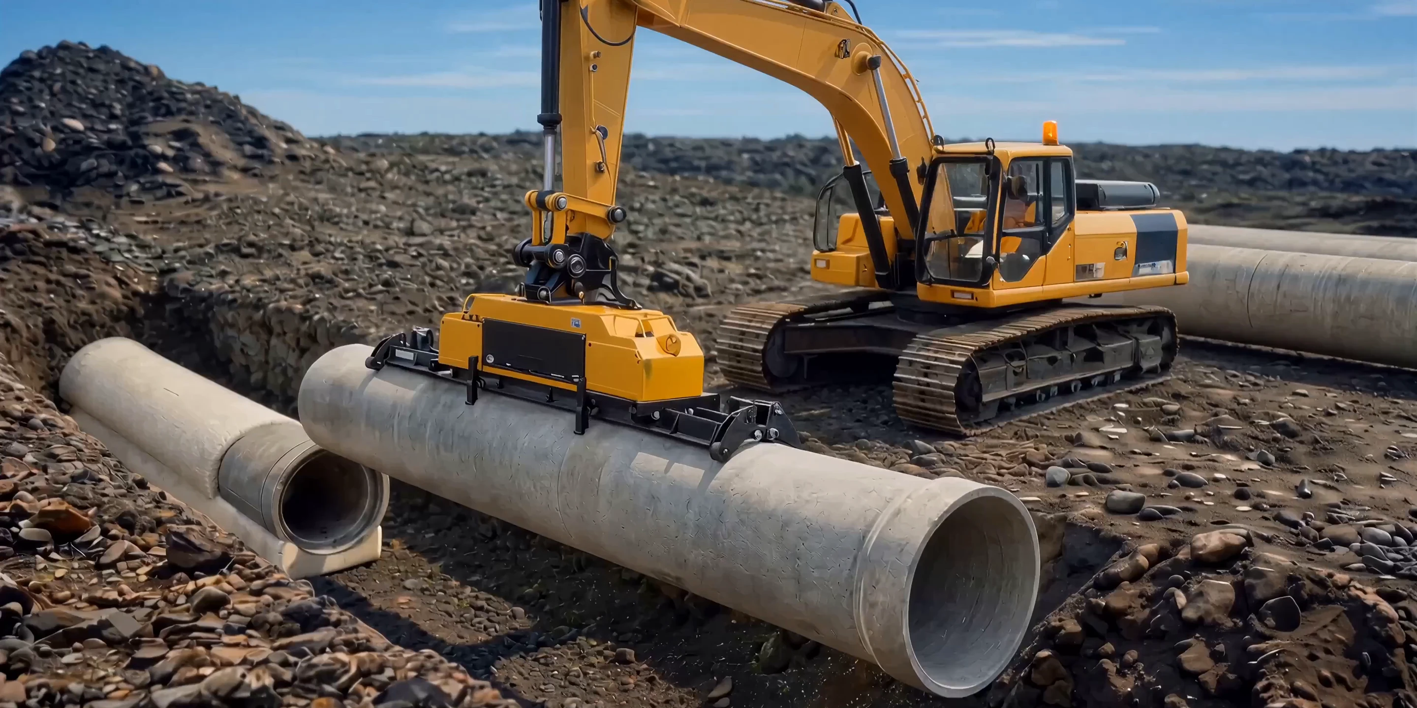 Pipeline Construction Animation for a Robotic Pipe Installation System Excavator with a vacuum lifter setting a large pipe beside an open trench under a blue sky, 3D animation still