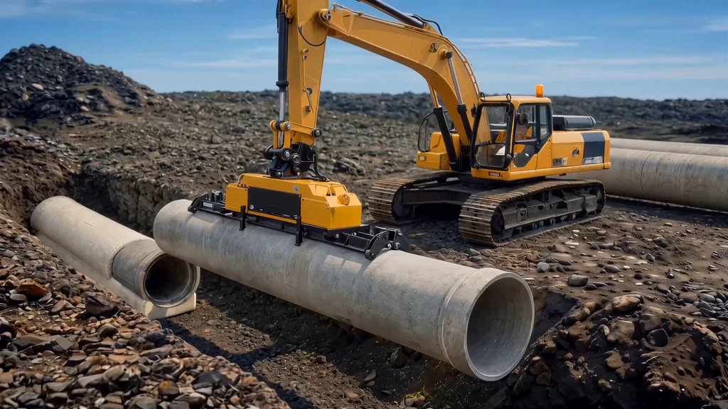 Excavator with a vacuum lifter placing a large pipe next to the trench, a still from a pipeline construction animation