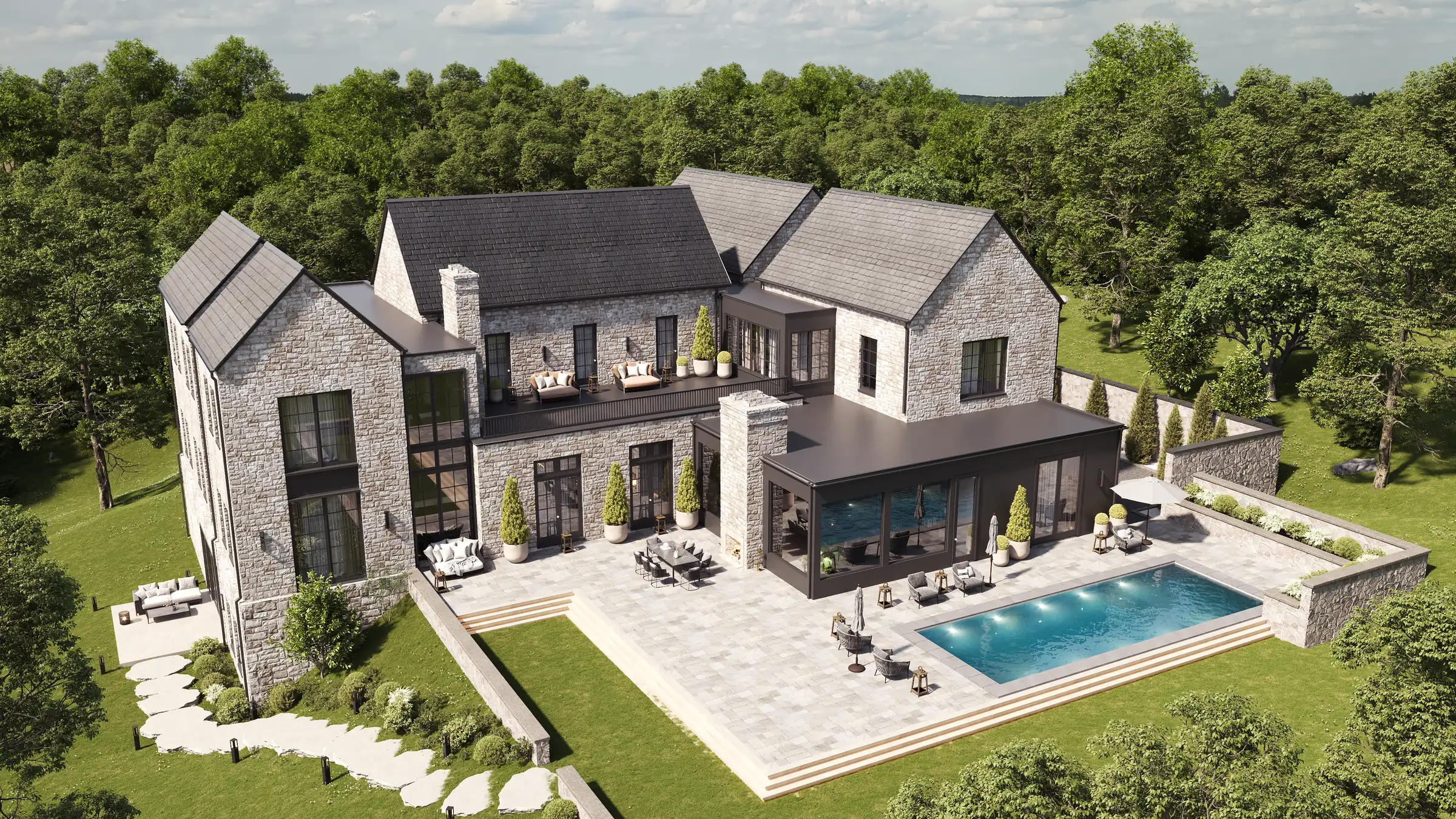 Aerial render of a stone luxury house from the rear with a pool, a stone terrace, a glass garden room and a lawn on a slope