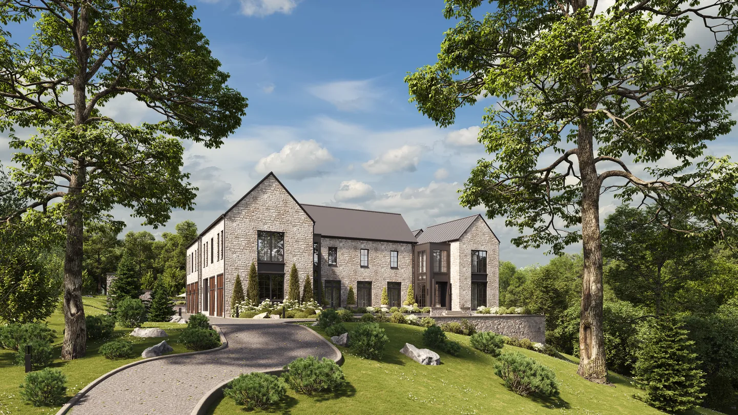 Render of a stone luxury house seen from a curved driveway between tall mature trees on a sunny day