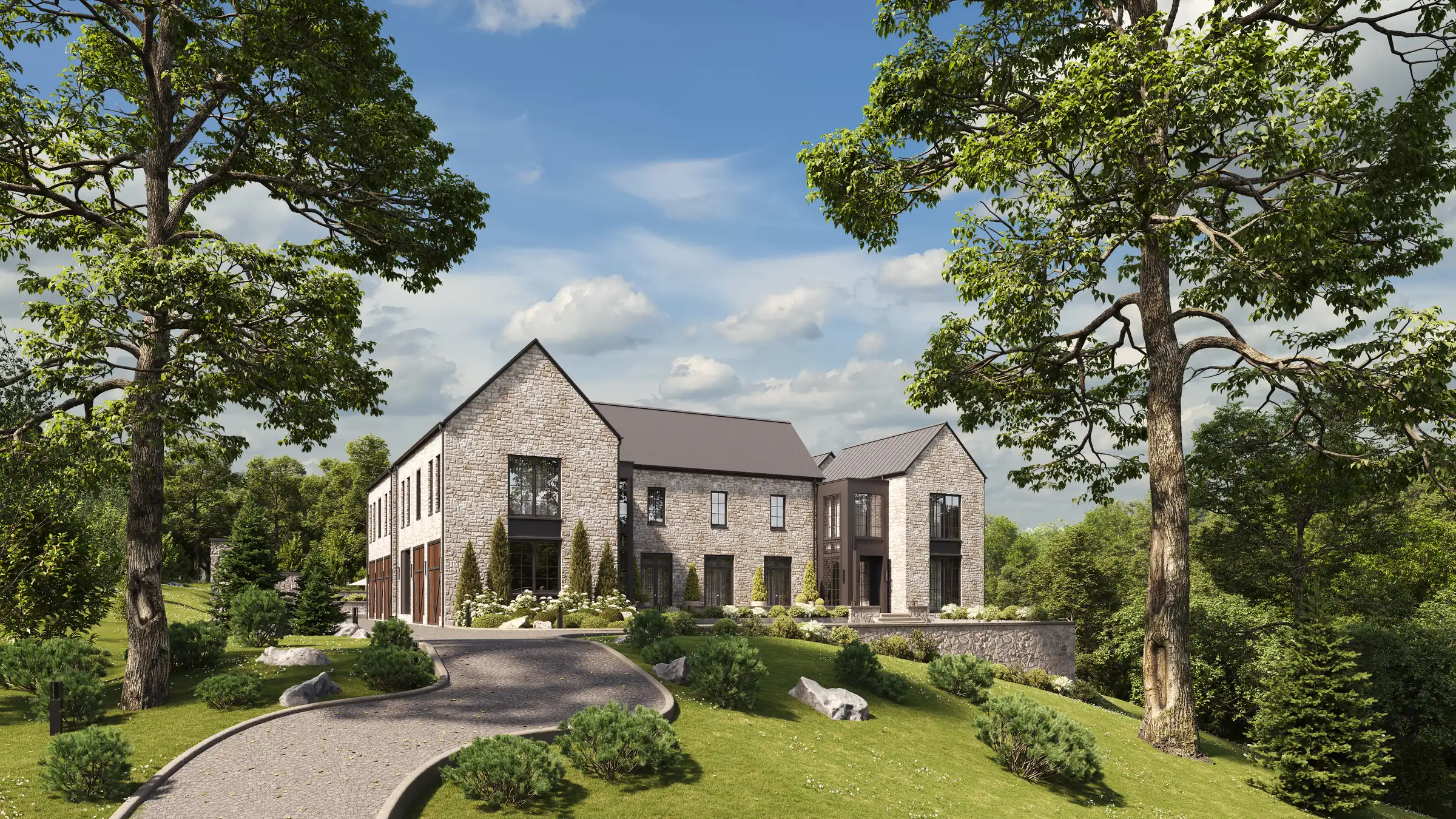 Render of a stone luxury house seen from a curved driveway between tall mature trees on a sunny day