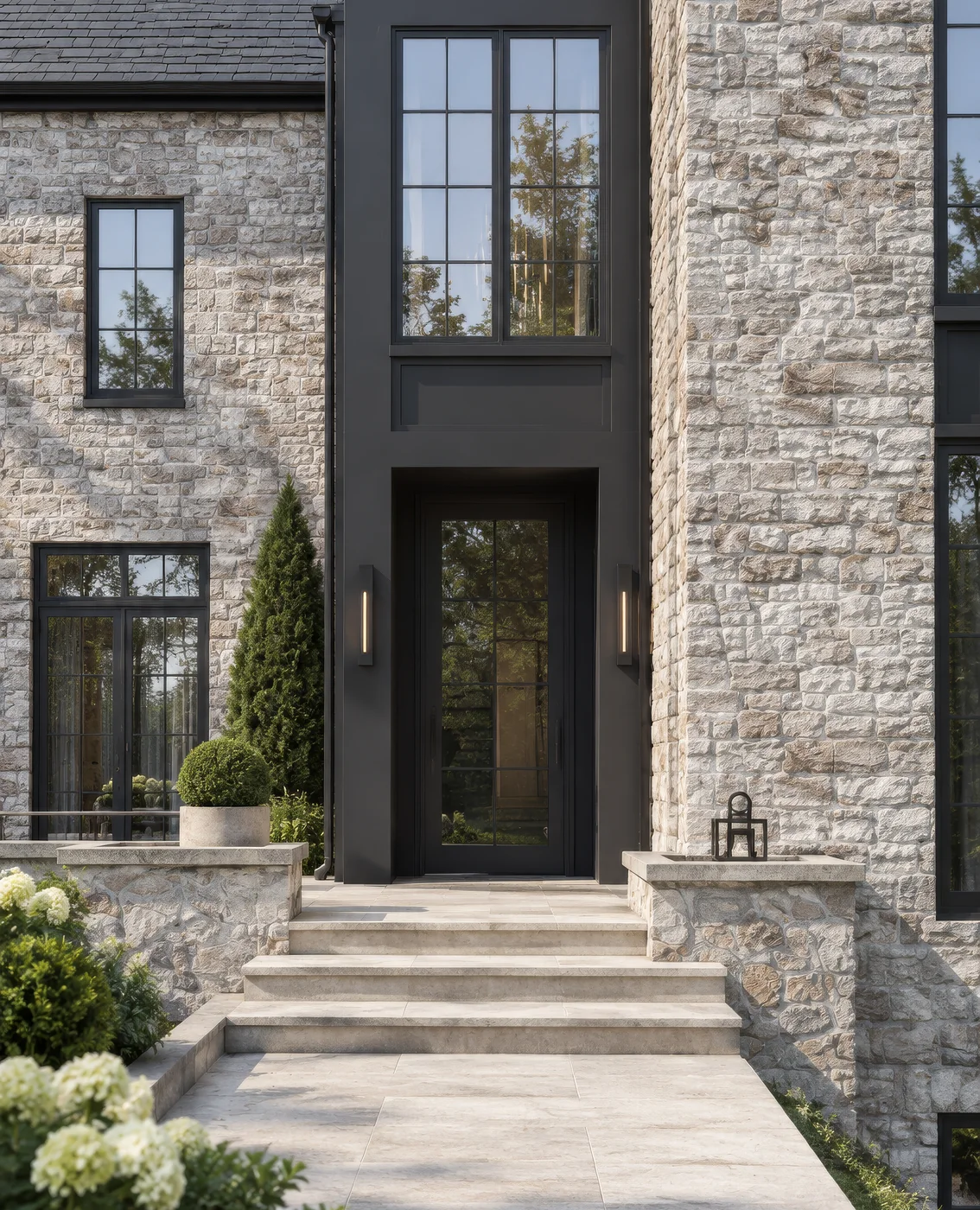 Portrait render of the front entrance of a stone luxury house with a black steel door surround and stone steps