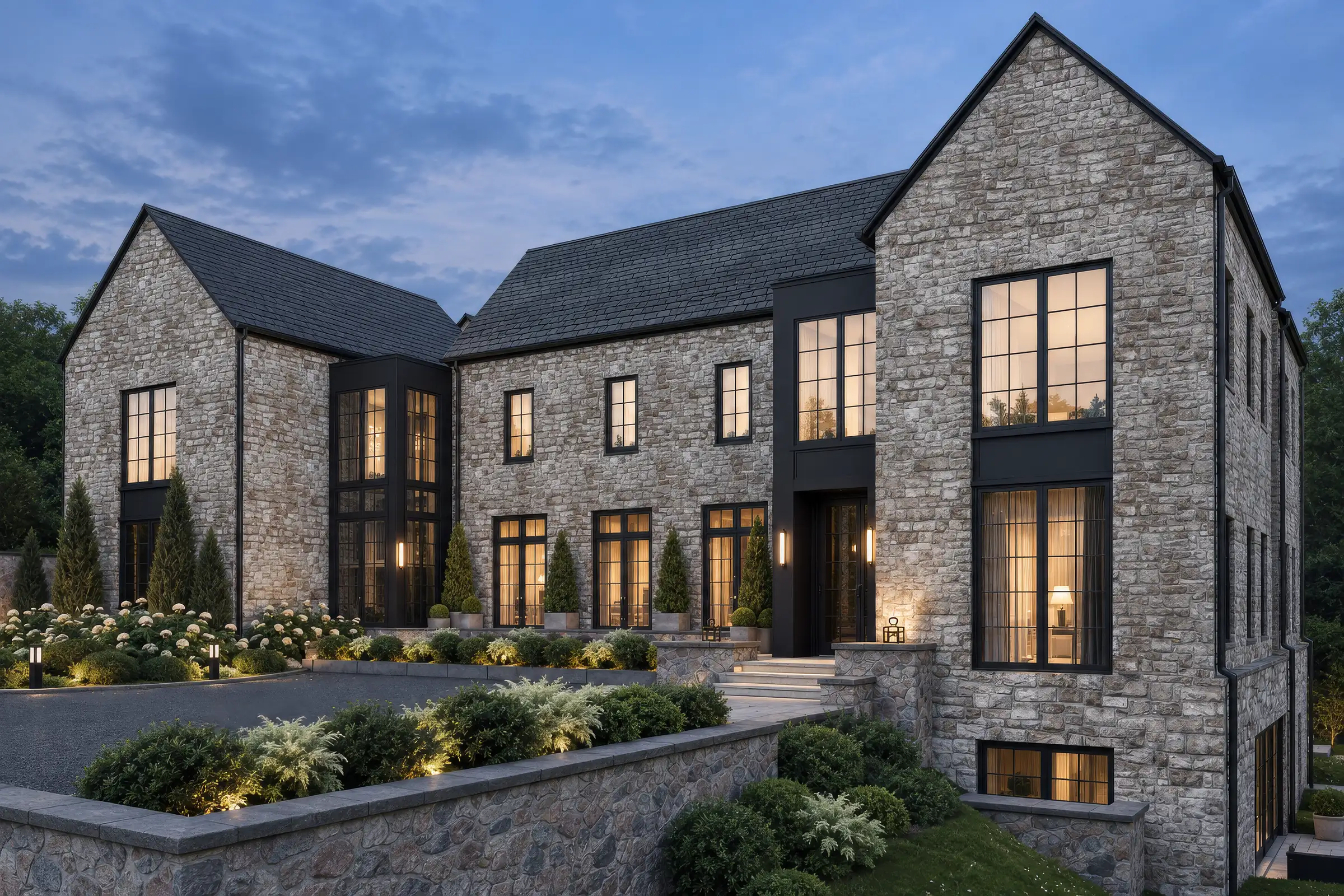 Blue-hour render of the front of a stone luxury house with warm light in the windows and lit garden beds