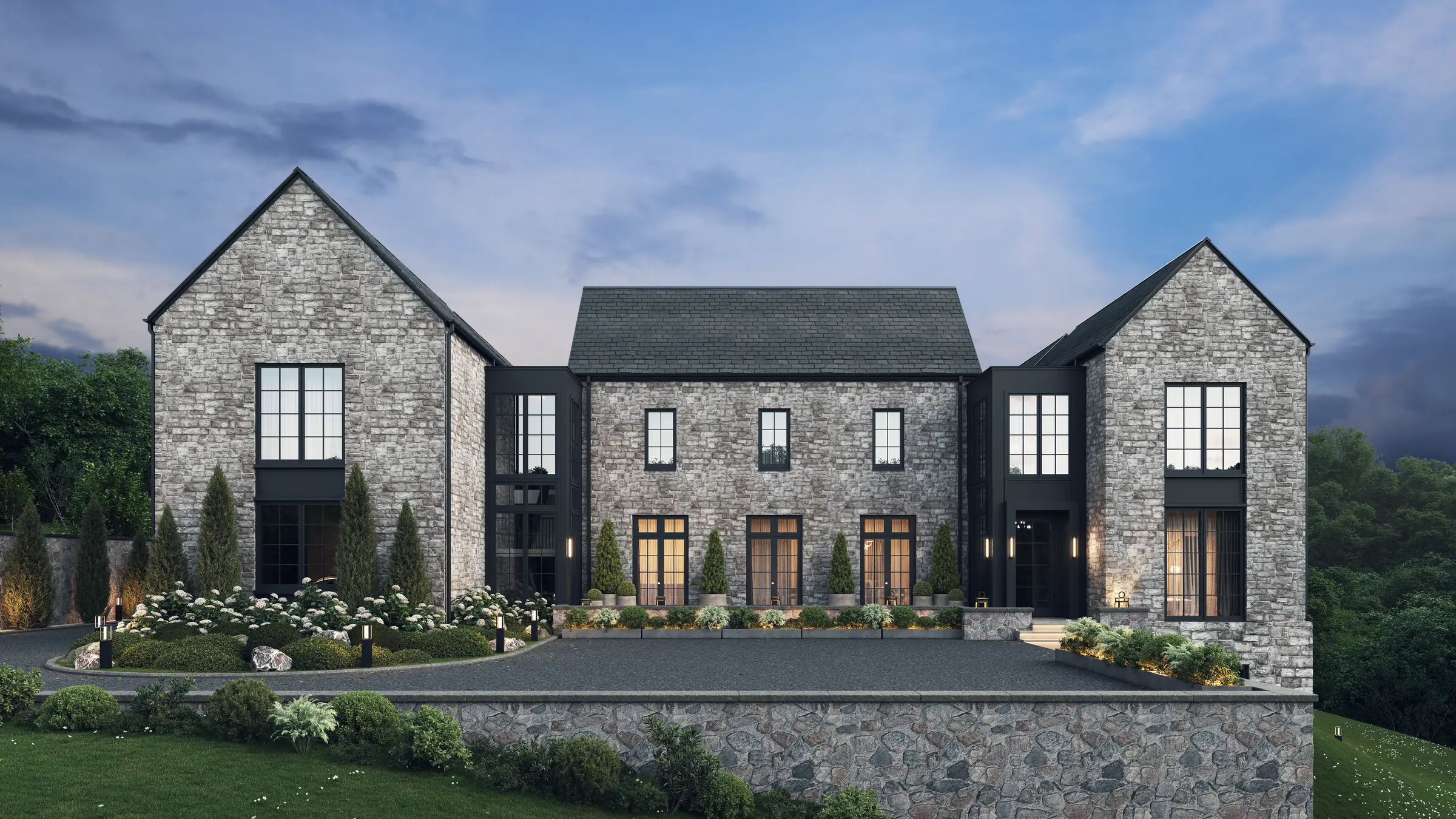 Front elevation render of a stone house with two steep gables, a lower central wing, steel windows and planted beds