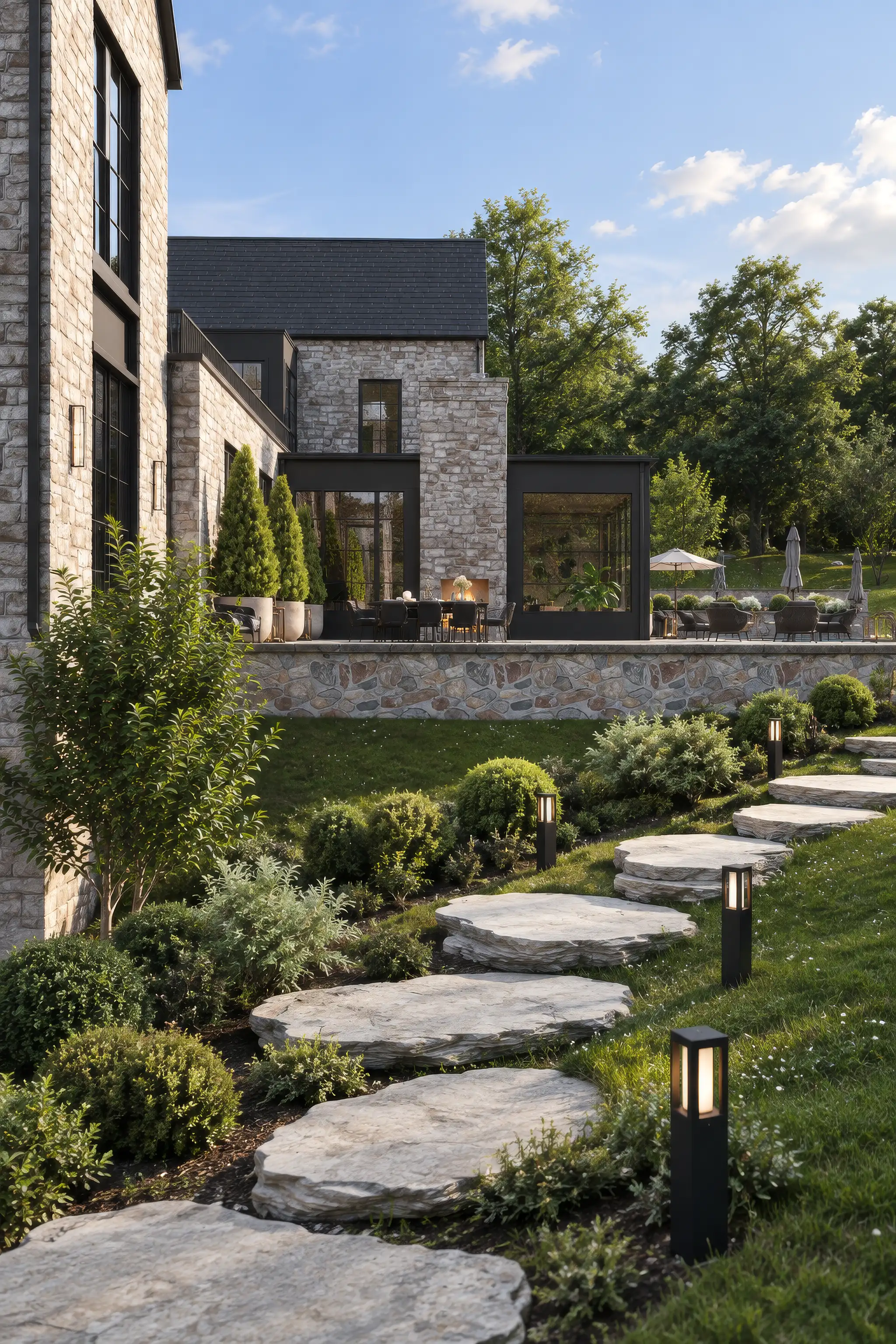 Portrait render of stepping stones through a planted garden towards the stone terrace of a luxury house
